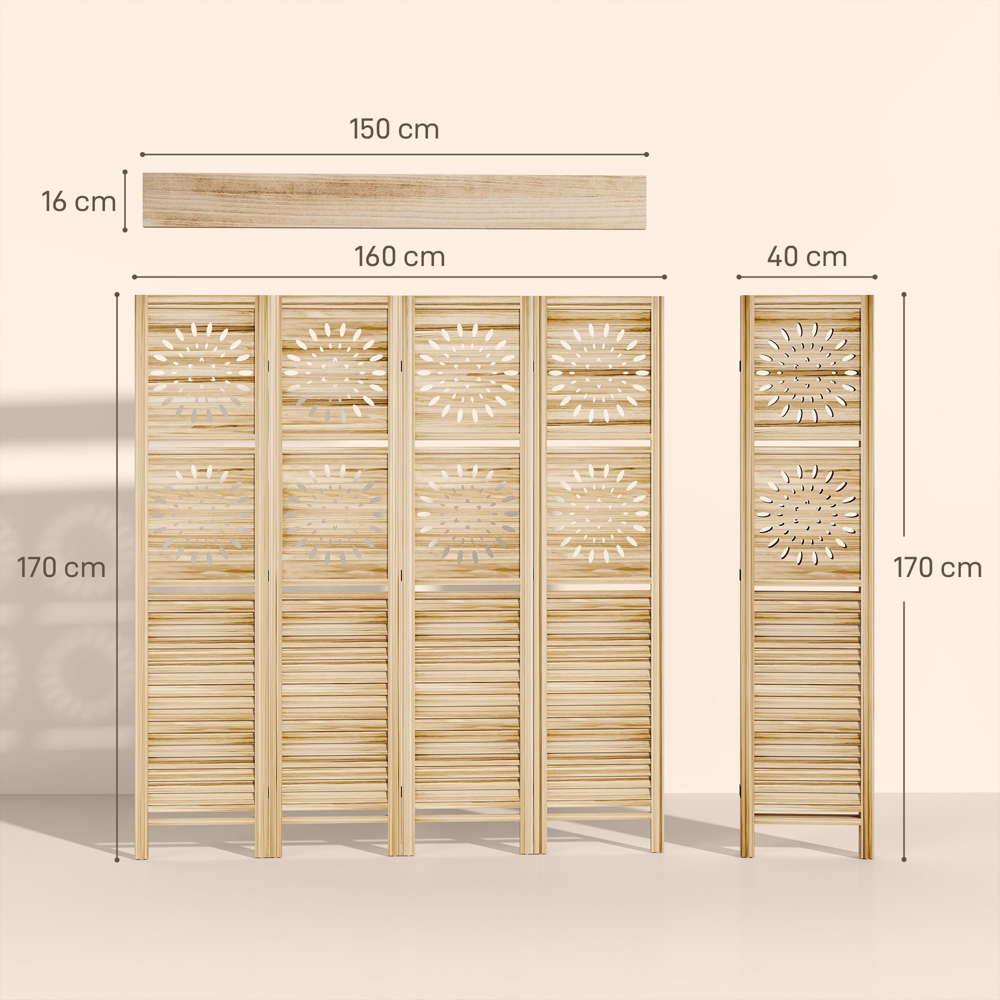 HOMCOM Paravent intérieur 4 Panneaux et 3 étagères, 160 x 170 cm, séparateur de pièce Pliable en Bois de Paulownia, cloison de séparation pour Salon, Chambre à Coucher, Maison, Bois Naturel