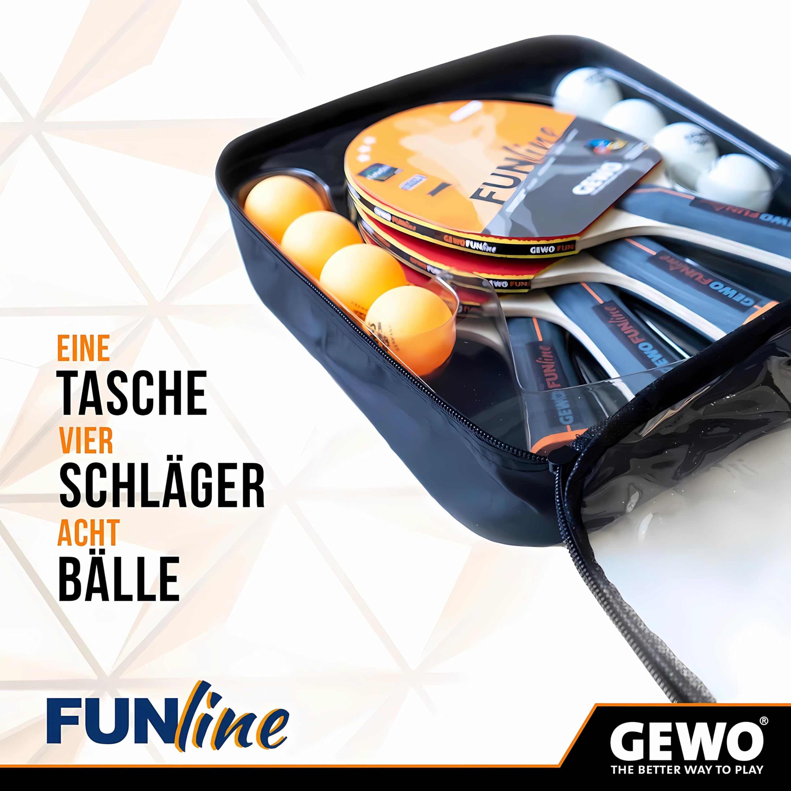 GEWO Family & Friends Tischtennisschläger-Set - 4 Tischtennisschläger für Hobby und Freizeit mit 8 TT-Bällen und praktischer Aufbewahrungstasche - Komplettschläger mit Raver Belag, Griff konkav