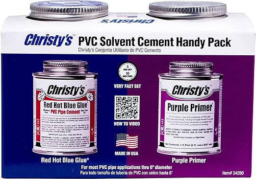 Christy's Handy Pack: Red Hot Blue Glue Medium Body PVC Cement and Purple Primer, 1/2 Pint (8 fl oz),RH-RHBV-HDYPK-HP-20
