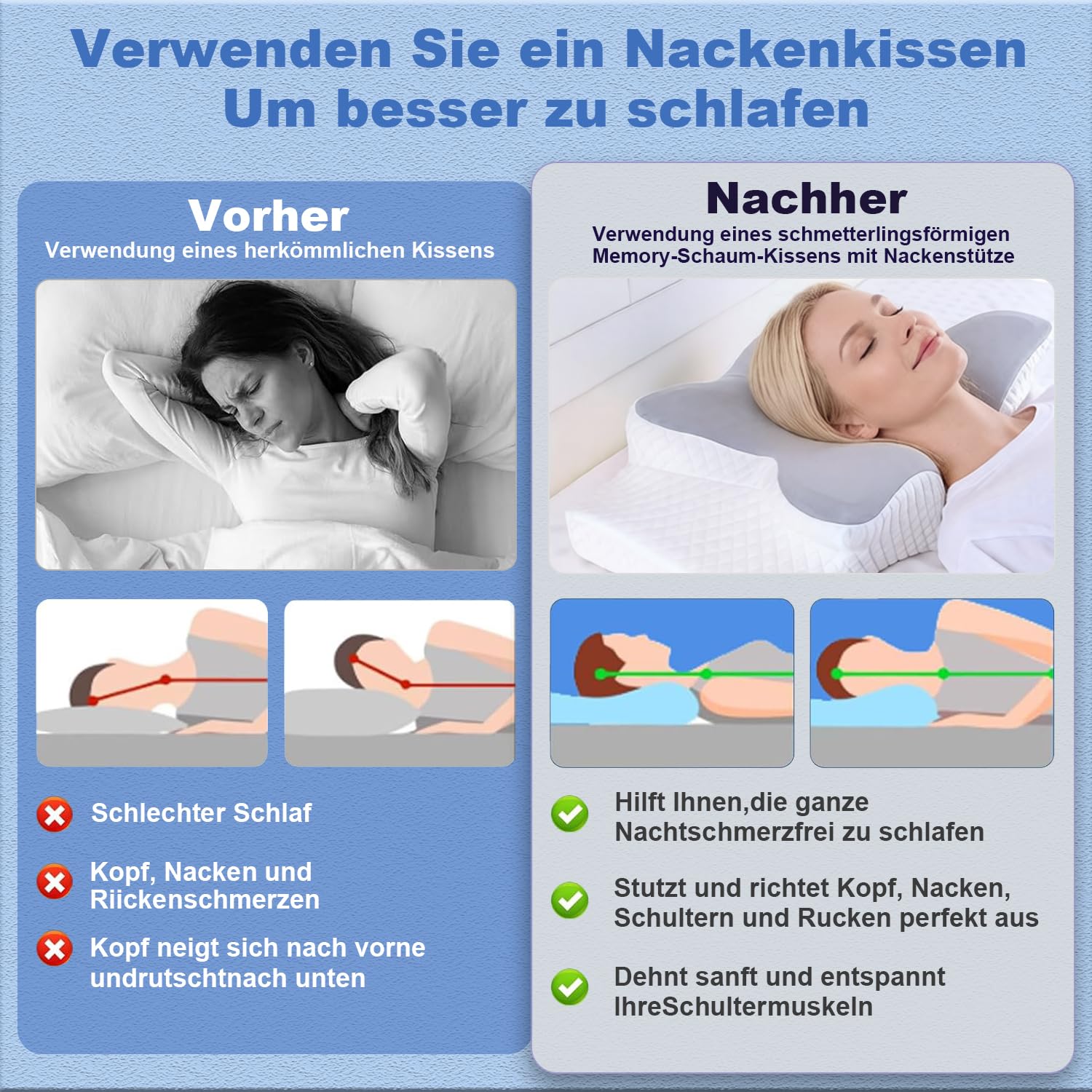 Almohada cervical, almohada para dormir de lado, cojín de mariposa, cojín ergonómico para el cuello, almohada de espuma viscoelástica, adecuada para los lados, la espalda y el estómago, 62