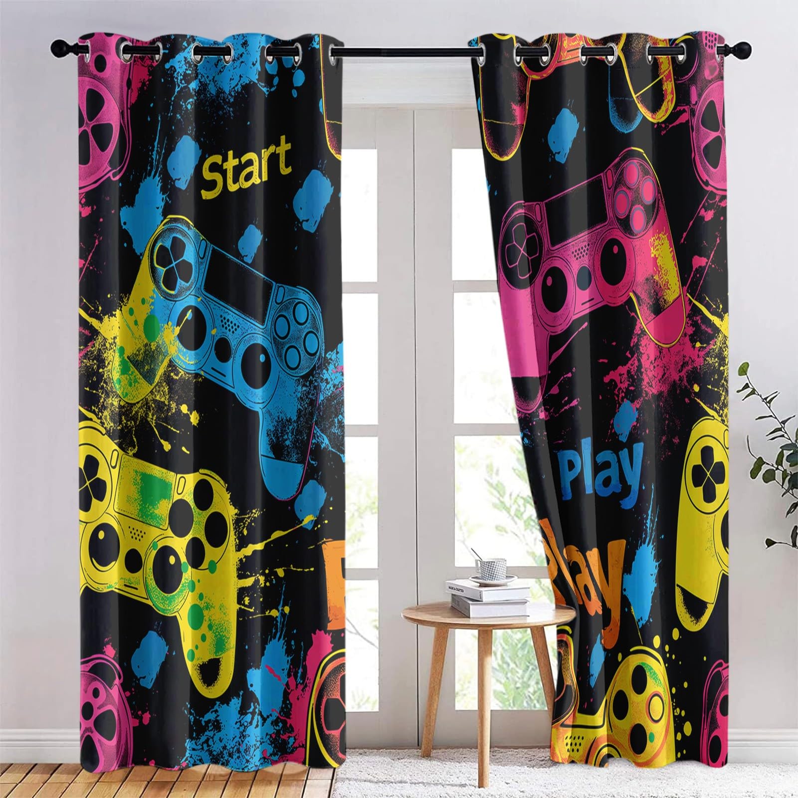 Cartoon Game Controller Blackout Curtains for Living Room Splash Ink Style Eyelet Curtains, Blackout Curtains for Bedroom, Thermal Insulated Kids Blackout Curtains, 280(W) X 260(L) cm