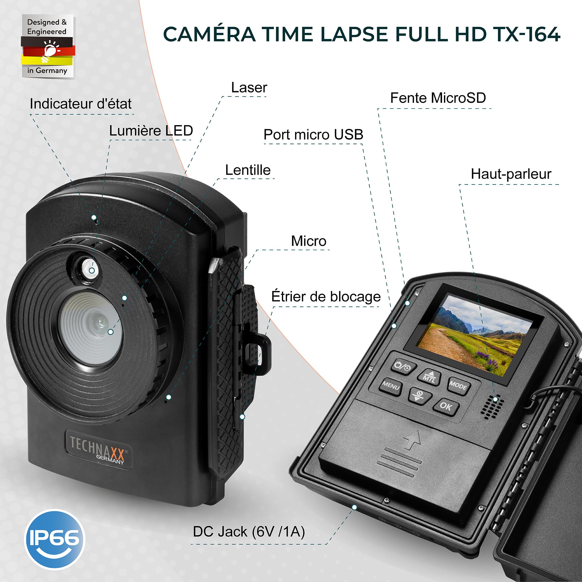 Technaxx Time Lapse Caméra - Microphone et Haut-Parleur Intégrés Capture Vidéo FullHD Fonctionne sur Batterie Plusieurs Modes Installation Facile - Video, Photo & Stop Motion Camera TX-164 Noir