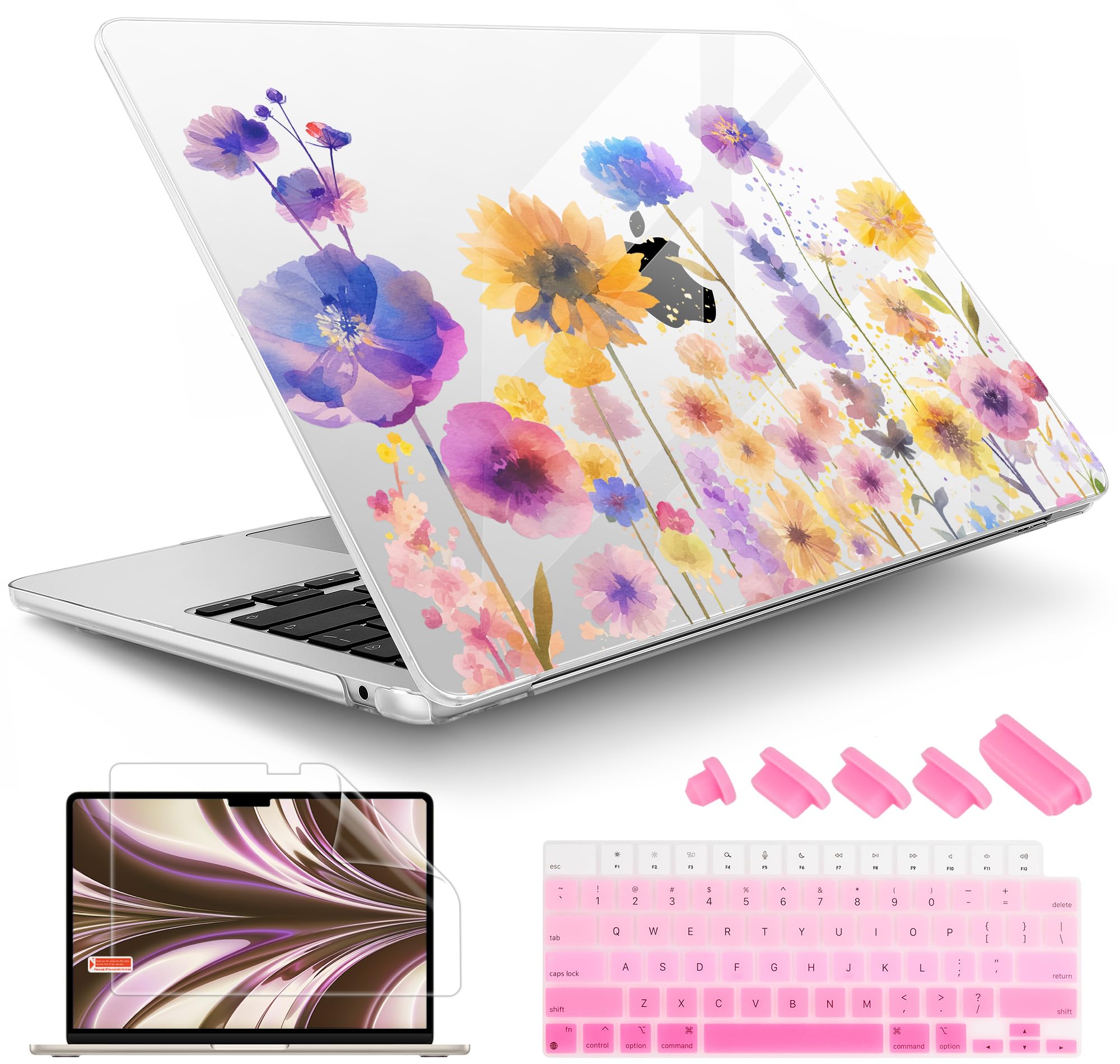 May Chen Compatible with M4 MacBook Air 15 inch Case A3241 A3114 M3 A2941 M2 Chip, 2023 2024 2025, Utra-Thin Protective Hard Shell Case with Keyboard Cover & Screen Protector, Watercolor Flower