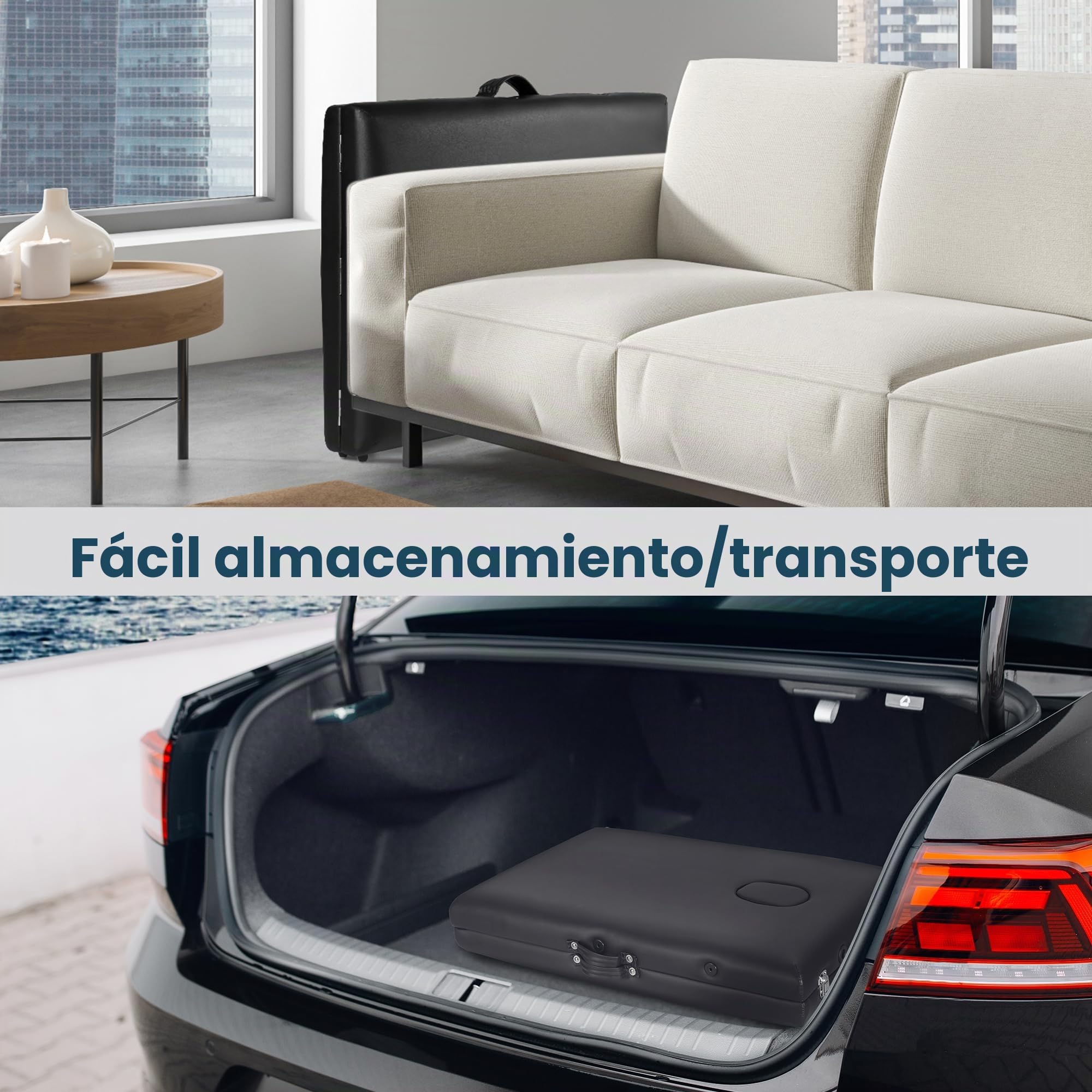 BODIOO Camilla de masaje plegable con patas de madera, 2 zonas, altura regulable, cama de masaje portátil, incluye reposacabezas y reposabrazos, soporta hasta 250 kg, color negro