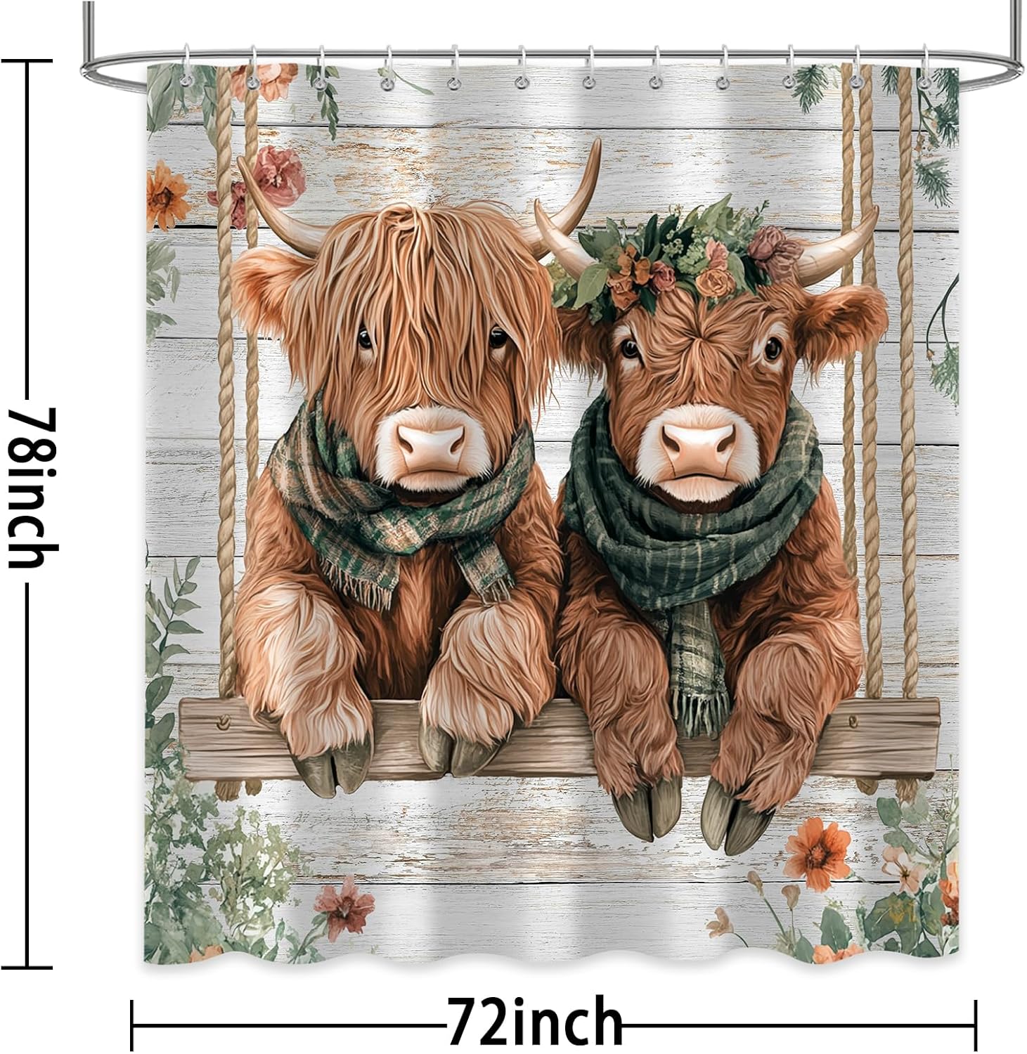 Cute Highland Cow Shower Curtain, Rustic Floral Flower Cow Wildlife Farmhouse Bath Curtains Decor, Funny Waterproof Fabric Bathroom Curtain with 12 Hooks,72Wx78H