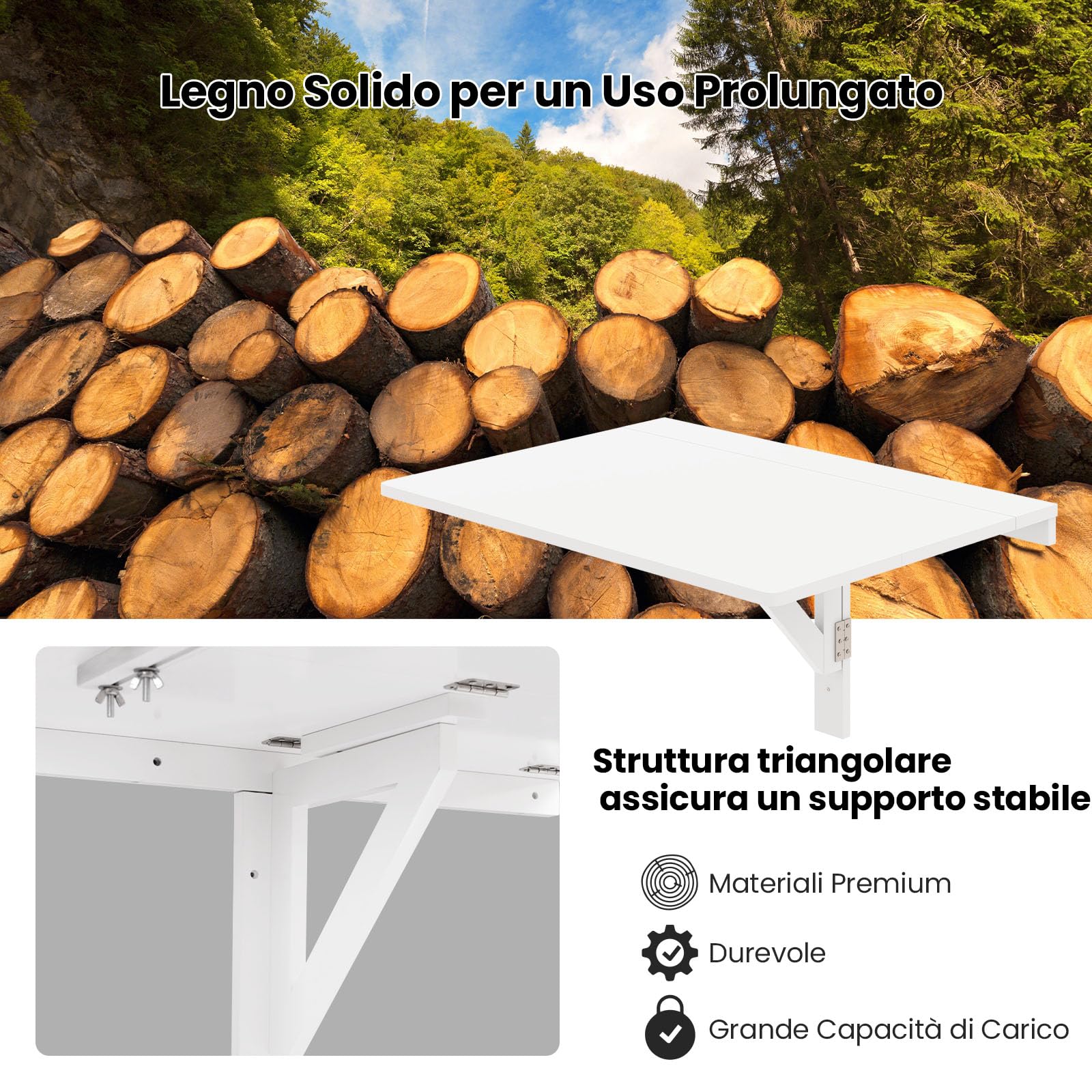 GYMAX Tavolo a Parete Pieghevole Galleggiante, Scrivania a Scomparsa per Spazi Ridotti Salvaspazio, per Ufficio Domestico, Sala da Pranzo, Studio, 80 x 60 x 45 cm (Bianco)