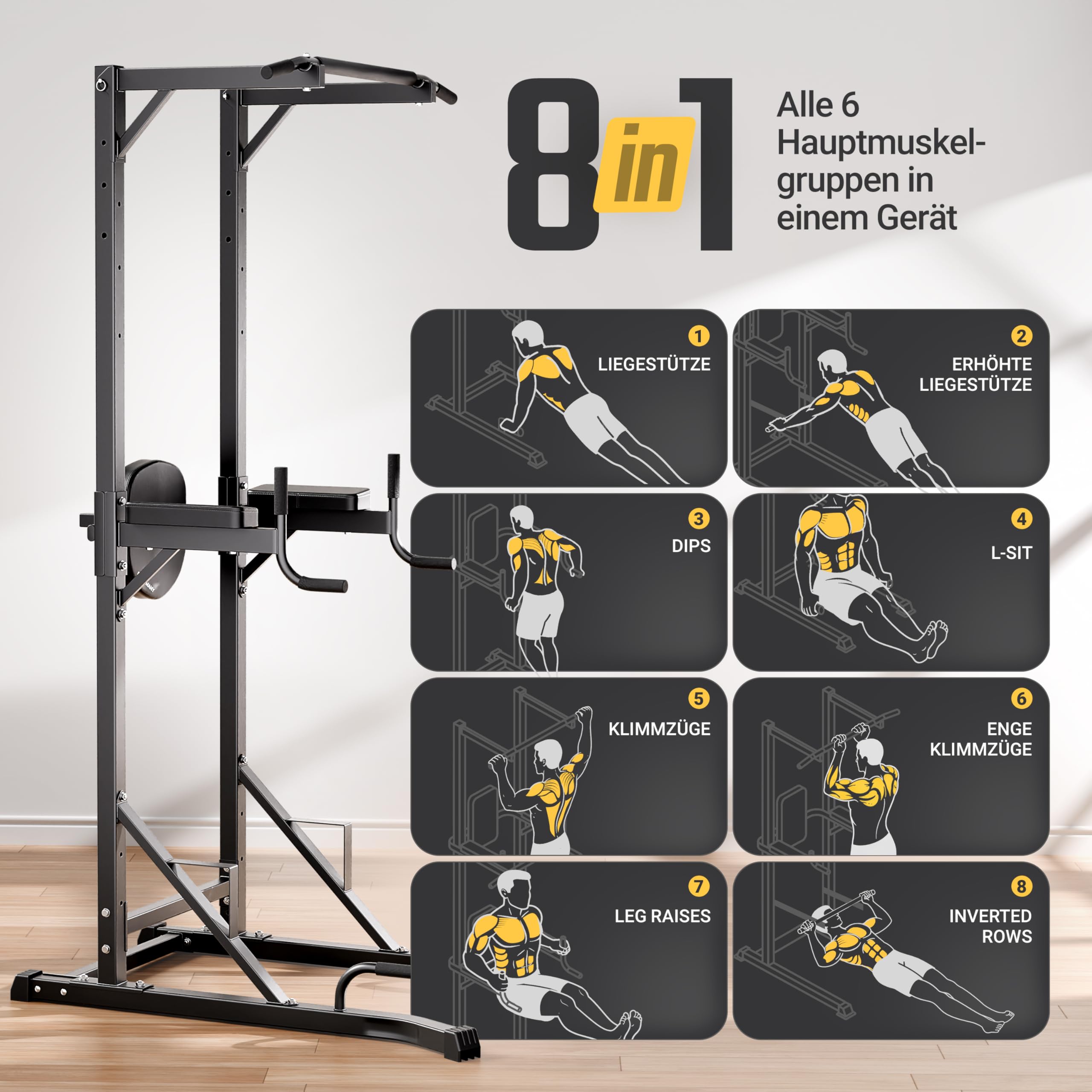 HQ Germany® Power Tower [2026 Upgrade] - Klimmzugstange freistehend mit Klimmzug Dip Station, Klimmzugturm, Klimmzugstation, Pull Up Station, Calisthenics Equipment, Fitnessgeräte für Zuhause