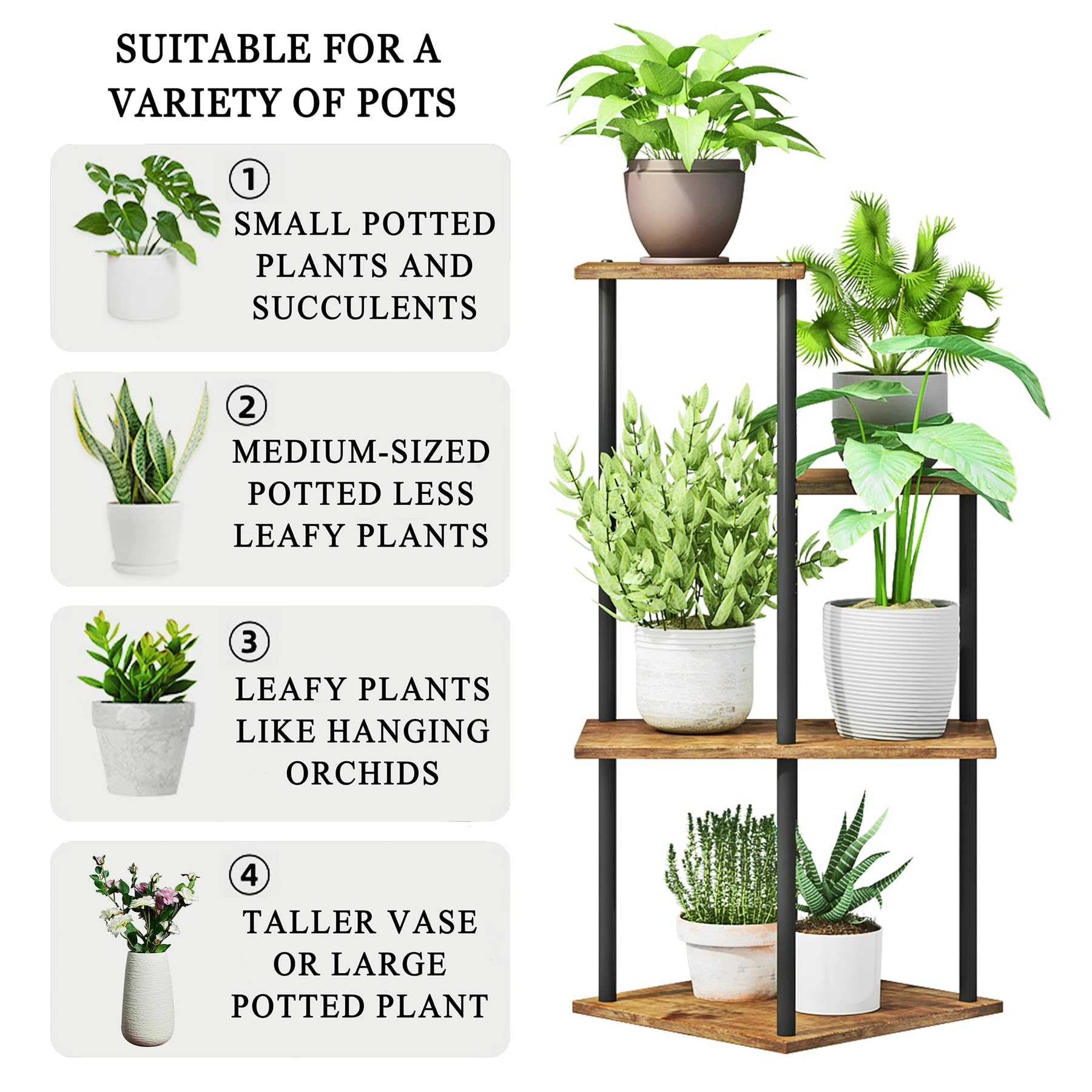 JEPRECO Plant Stand Indoor 4-Tier Metal Wood Plant Shelf for Multiple Flower Pots Corner Tall Flower Holders for Living Room Balcony Bedroom, Rustic Brown