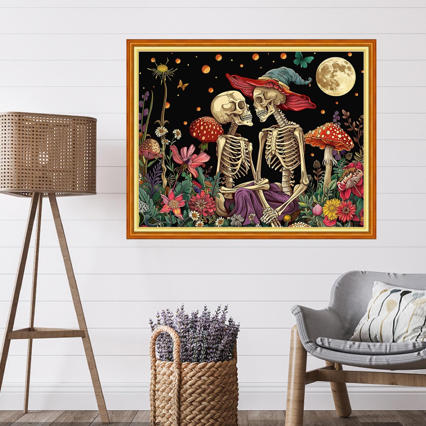 Artvxeay Stamped Cross Stitch Kits - Embroidery Kits for Beginners Cross Stitch Kits for Kids Adults 11 CT? Printed Patterns Needlepoint Kits -Skeleton Couple Moon 16x20 inch