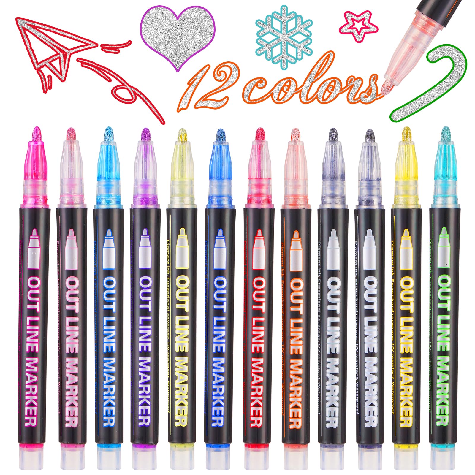 12 Colours Glitter Pens Outline Marker Pens, Metallic Outline Pens for Scrapbook, Arts and Crafts for Kids, Gifts for Teenage Girls, Gifts for 4-12 Year Old Girls, Easter Gifts for Kids