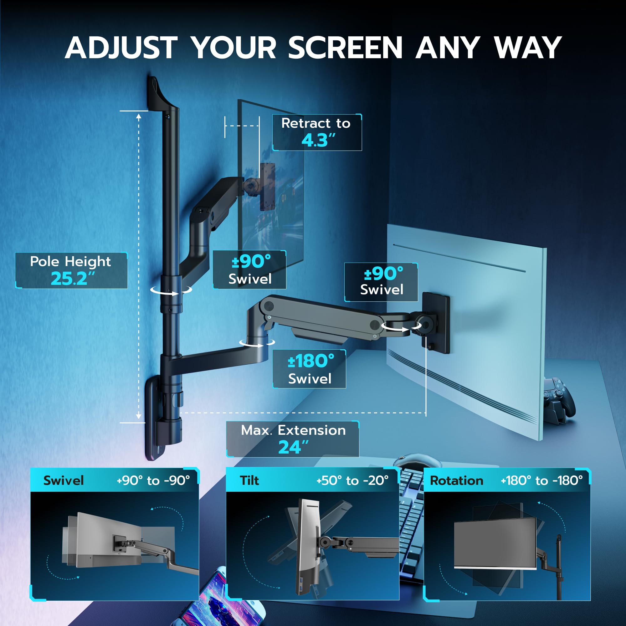 ARES WING Supporto da parete per 2 monitor Ultra Wide 17-49",Nero | 20 kg/braccio, molla a gas PC, monitor Hatlert, parete completamente regolabile, per ufficio e giochi, VESA 75/100