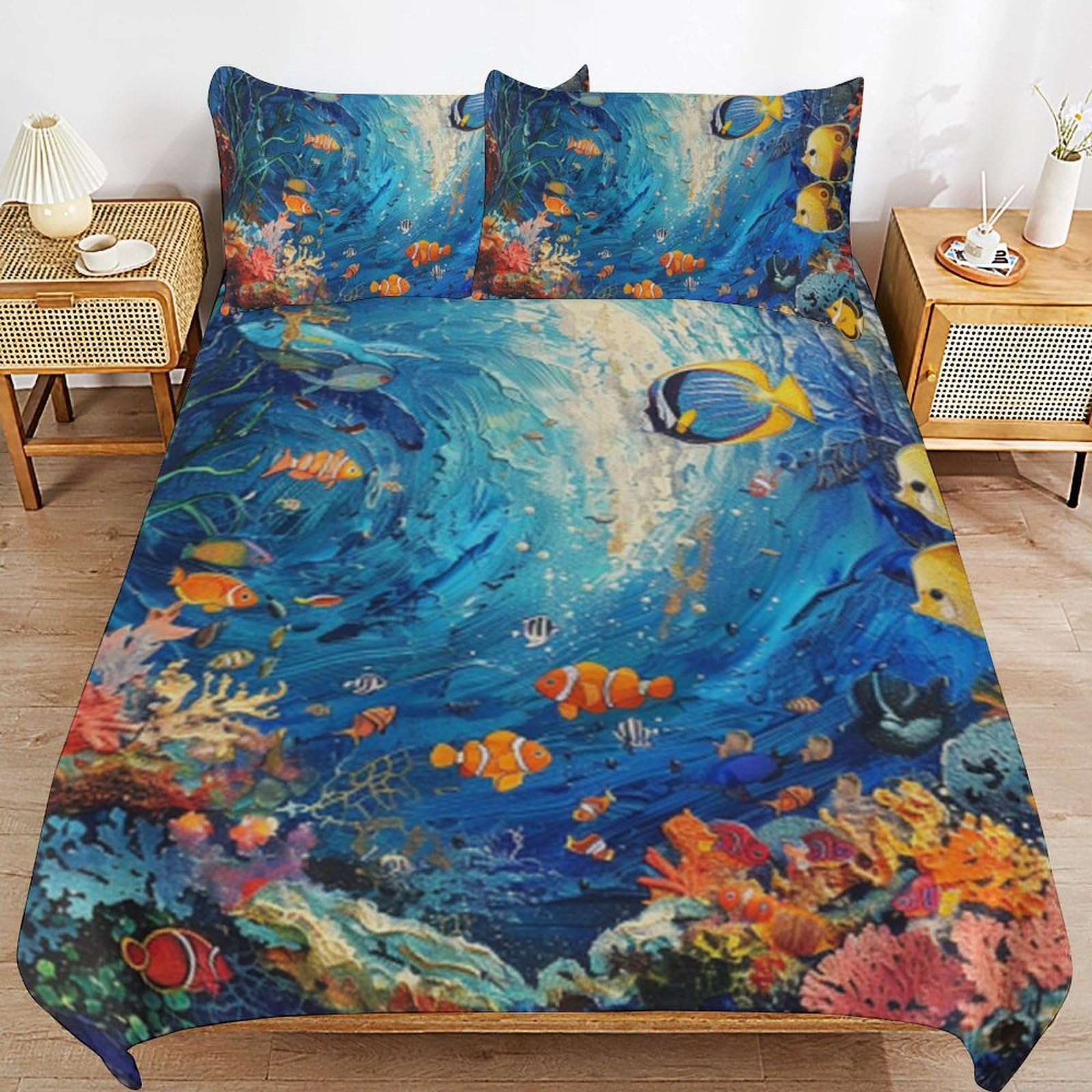 Housse de couette poisson corail en microfibre avec 2 taies d'oreiller pour lit enfant