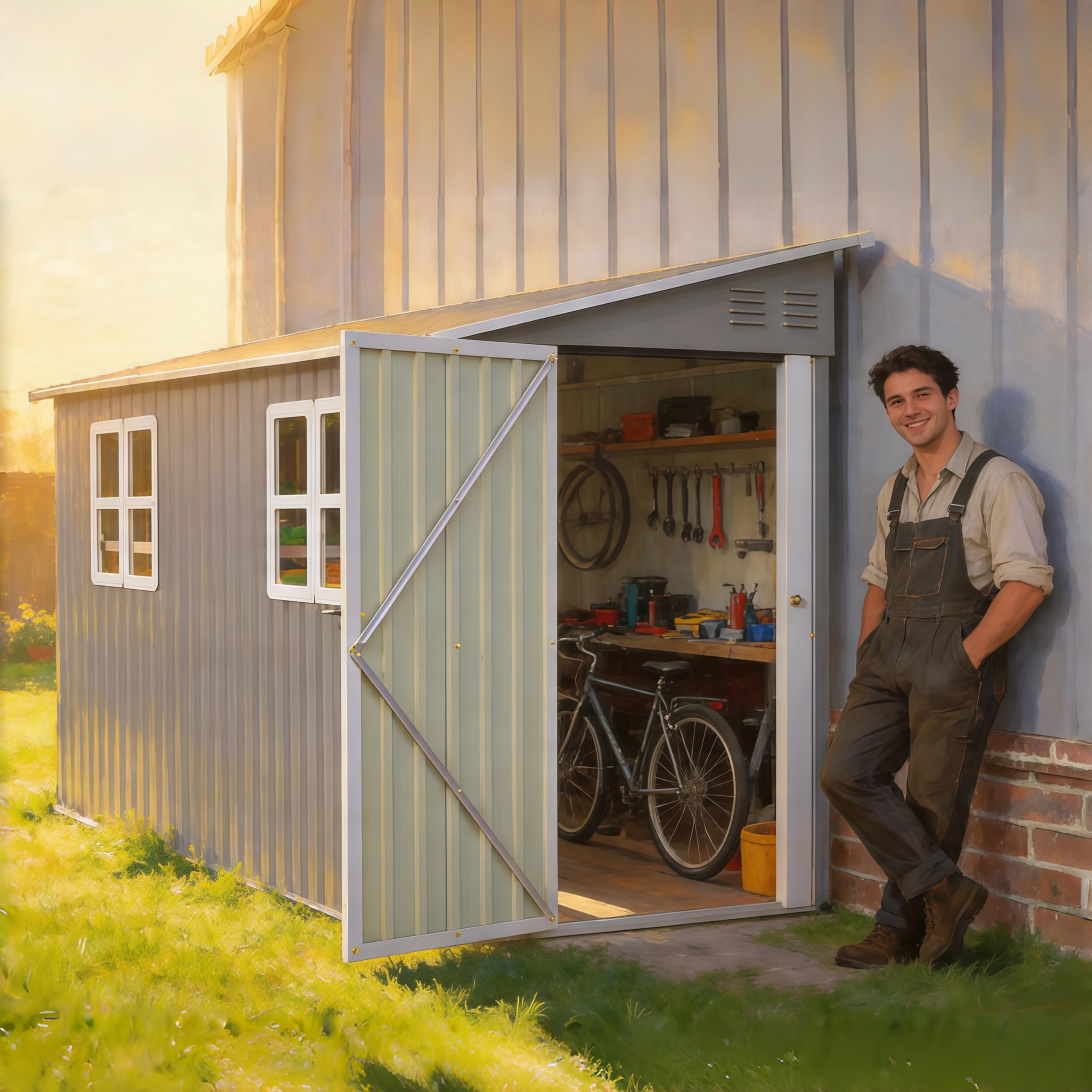 Geräteschuppen Metall 4x10 Fuß – Gerätehaus 3,6 m² Stauraum mit Doppeltüren & Boden, wetterfest als Fahrradgarage für 4-6 Fahrräder, Gartengeräte & Motorrad – Stahlschuppen grau mit Seitentür