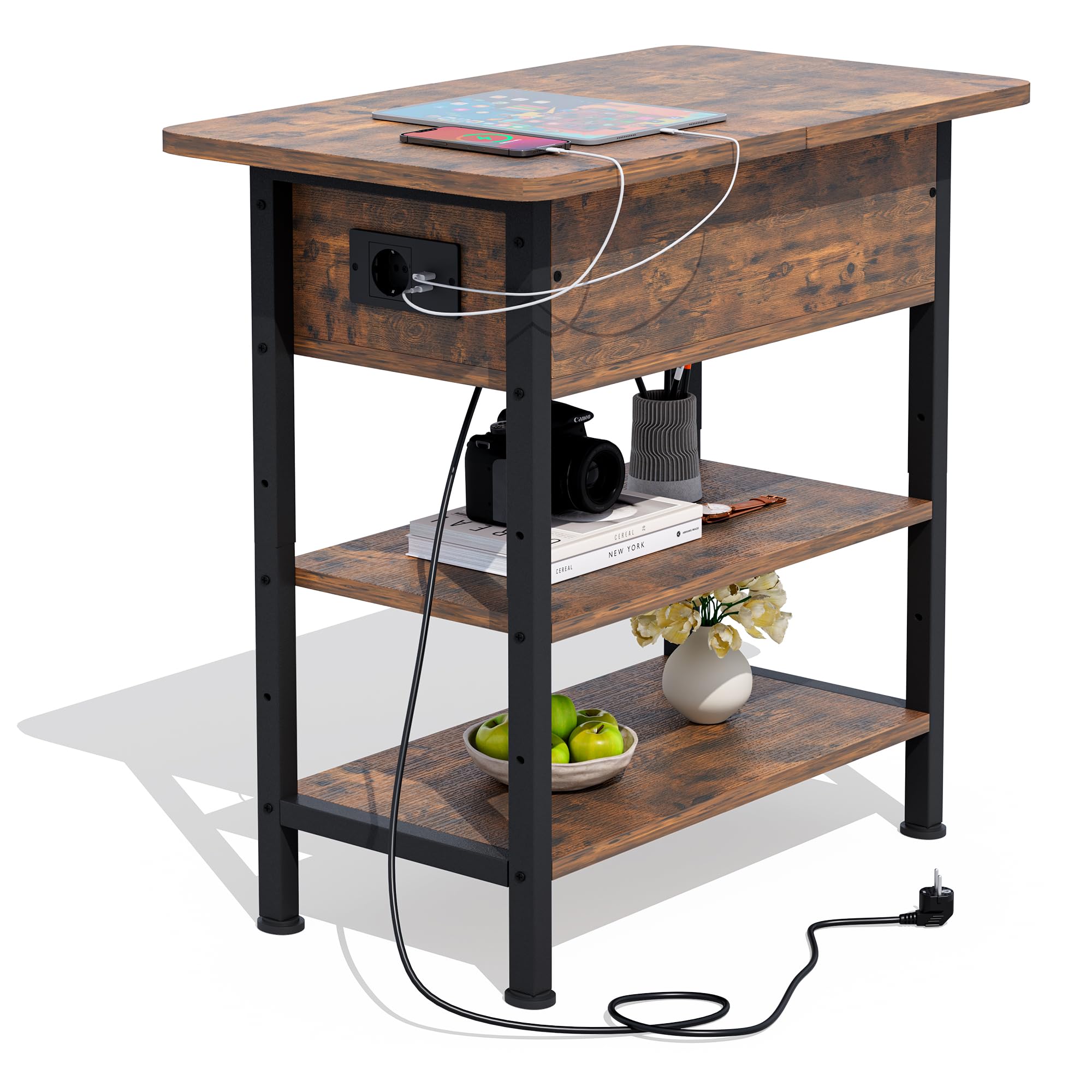 Mesa Auxiliar Pequeña con Multienchufe, Mesa Lateral Estrecha Madera