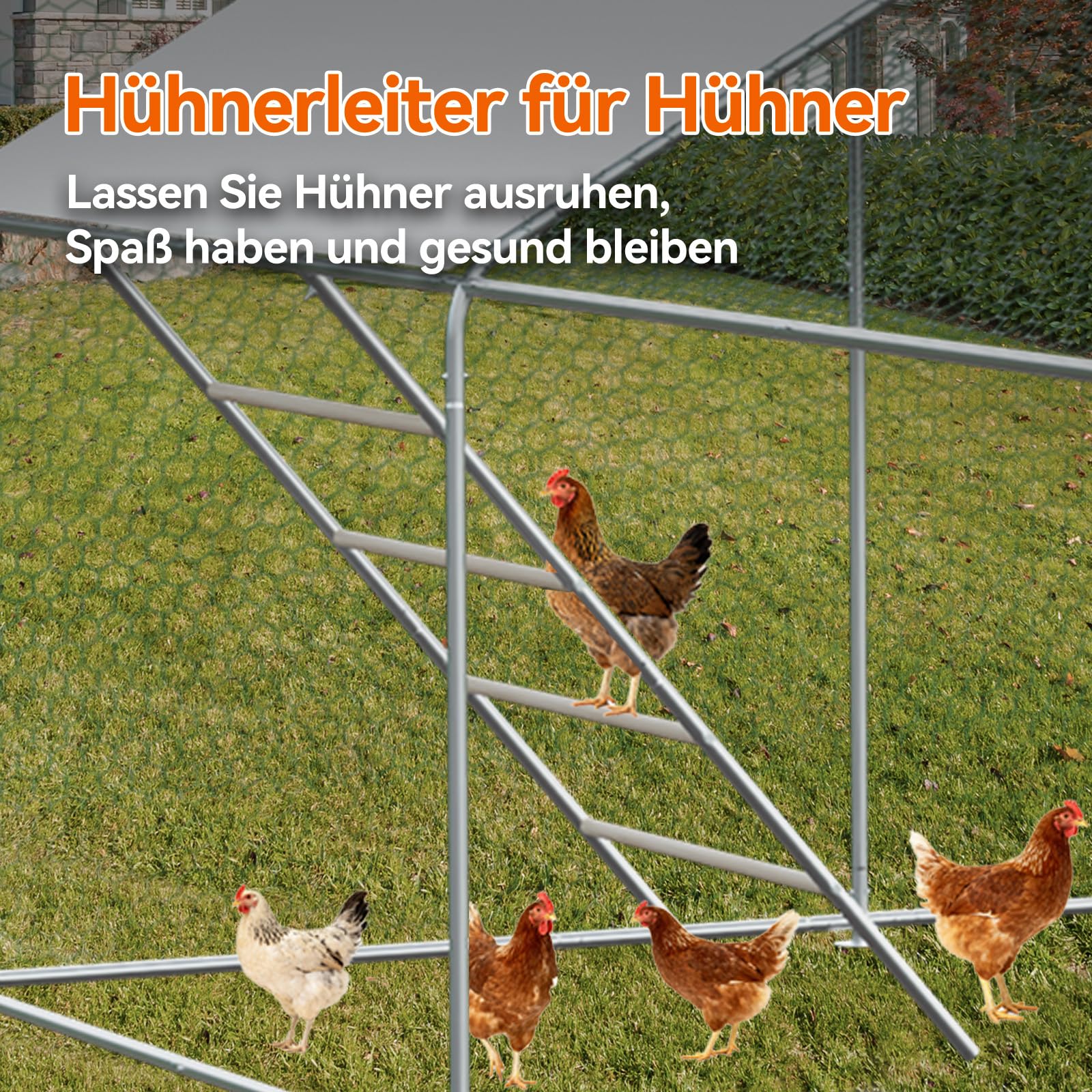 Hühnerstall mit Leiter, 3 x 4 x 2 Meter, Verzinkter Stahl, Freilaufgehege Tiergehege für Hühner Hasen, Kleintiergehege mit Obere Stützstange, Sonnenschutzdach und Tür für Hühner Ente Kleintiere
