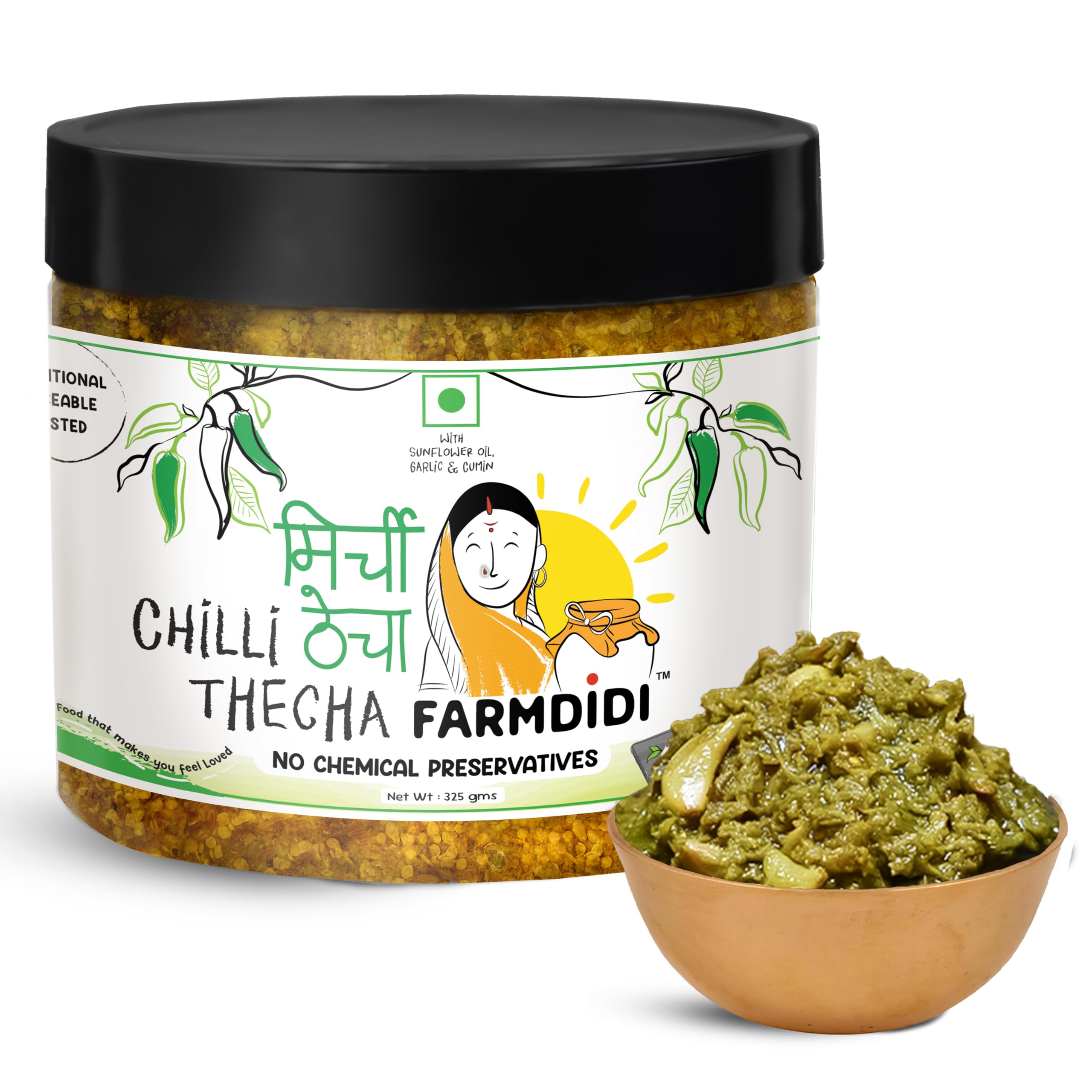 FarmDidi Spicy Green Chilli Thecha 325g in Fresh | Homemade Sun-Dried Hari Mirch ka Thecha | Made with Sunflower Oil | Ghar Ka Bana Spicy Mirchi Thecha | No Chemical Preservatives-image-21