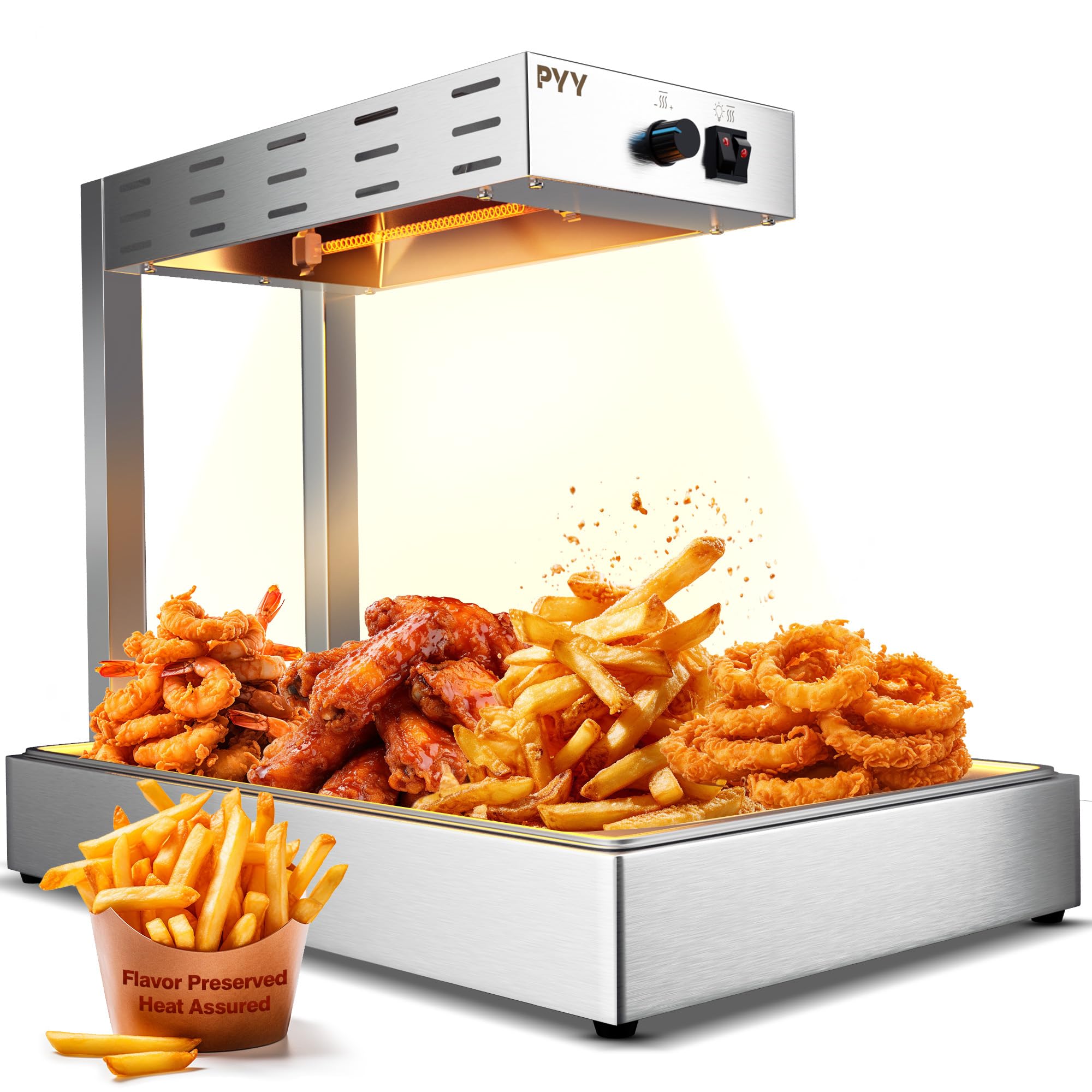 PYY French Fry Warmer Commercial Food Heat Lamp Fry Dump Station Chip Warmer - Temp Control (86?-185?) Countertop Food Truck Essentials Restaurant Buffet Kitchen Hotel Equipment 500W