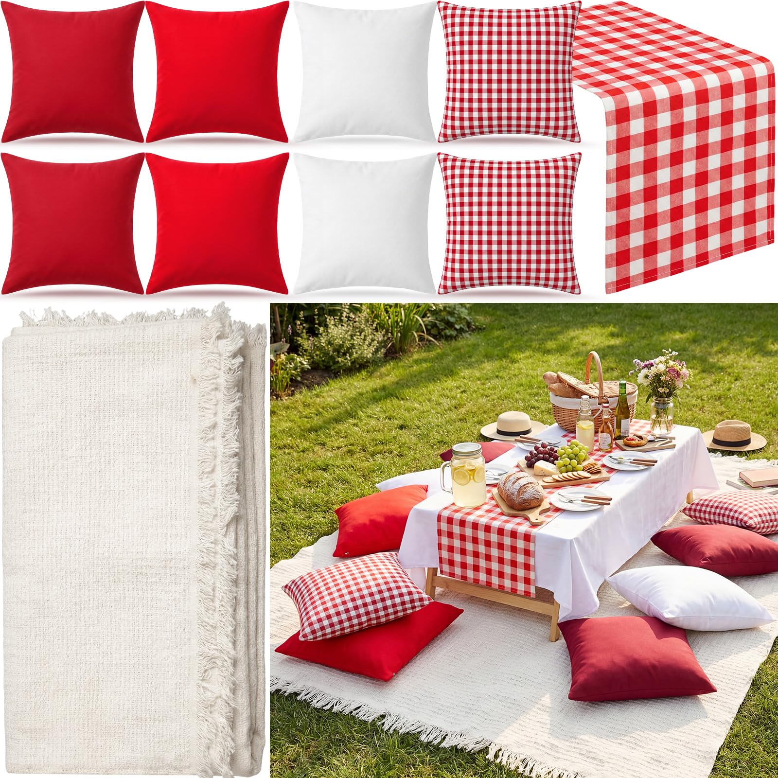 Yuntau 10 Pack Extra Large White Picnic Blanket Kit 70x90 Outdoor Boho, Red