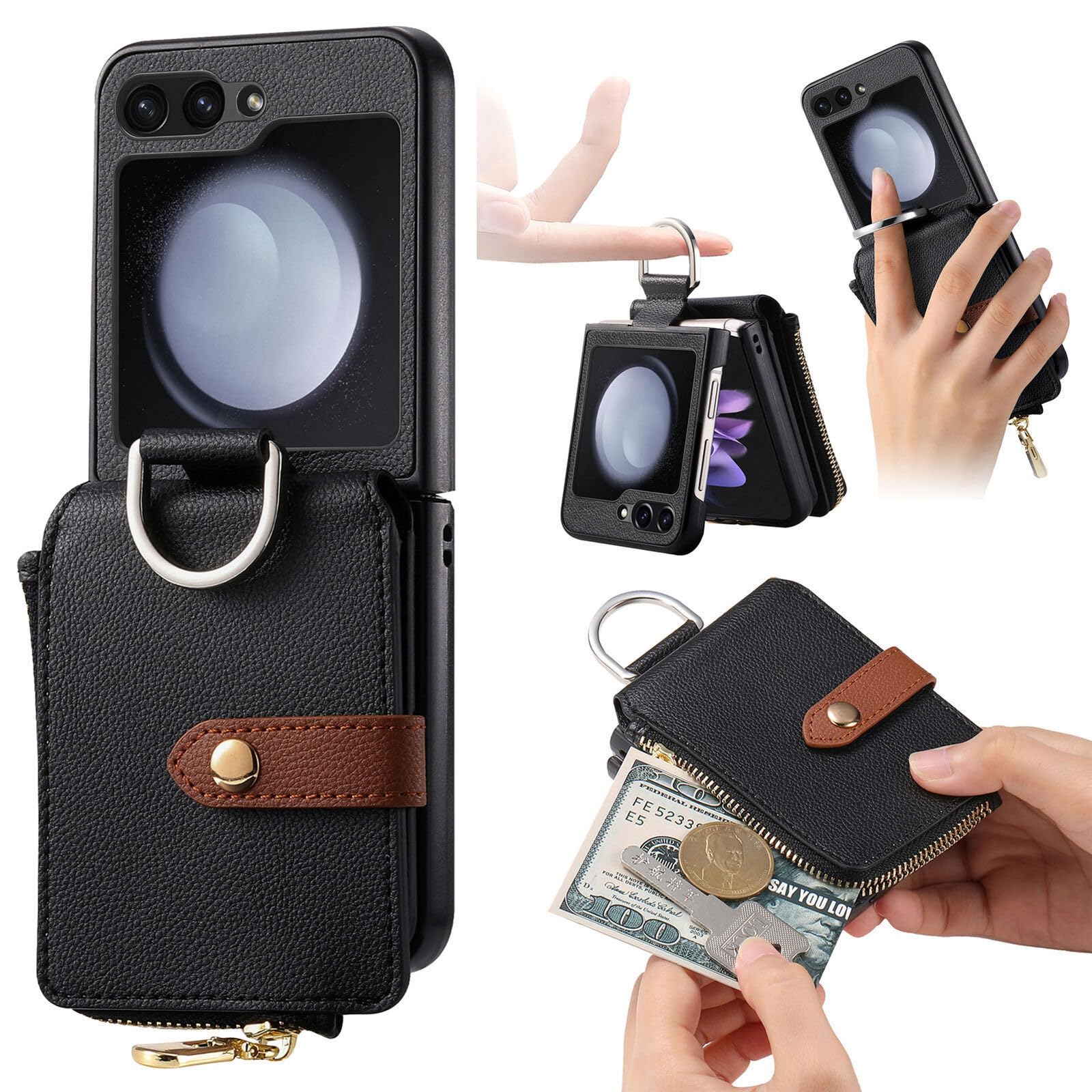 Funda genérica compatible con Samsung Galaxy Z Flip 4 (color: naranja) Funda rígida de piel con cierre de bolsillo, con cierre de bolsillo, tarjeta, parte trasera