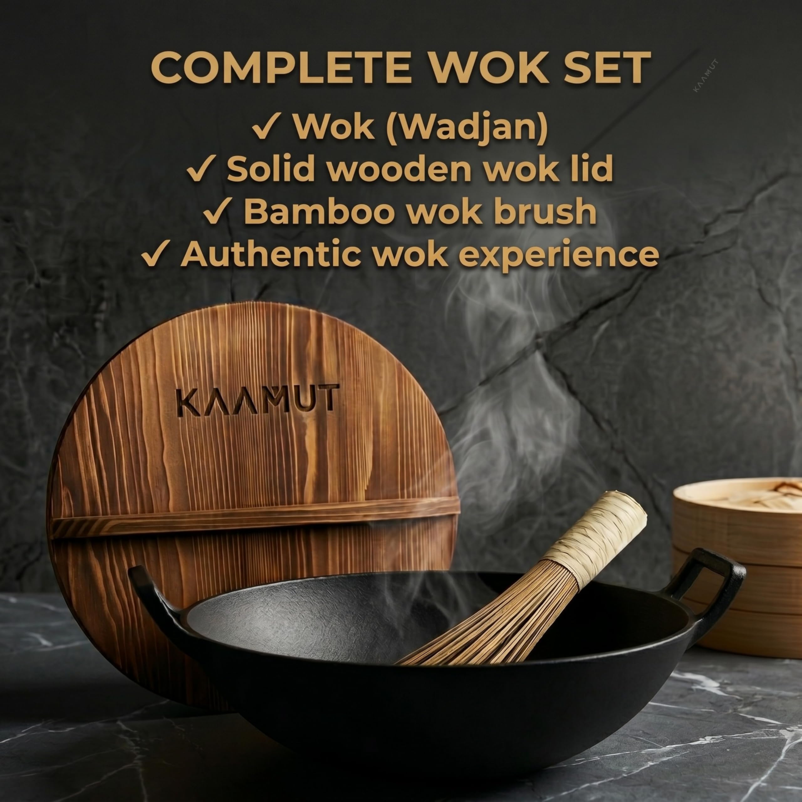 Professioneller Wok Wadjan Ø36 cm – Gusseisen – Mit Holzdeckel & Bambus-Wokbürste – Für alle Wärmequellen geeignet