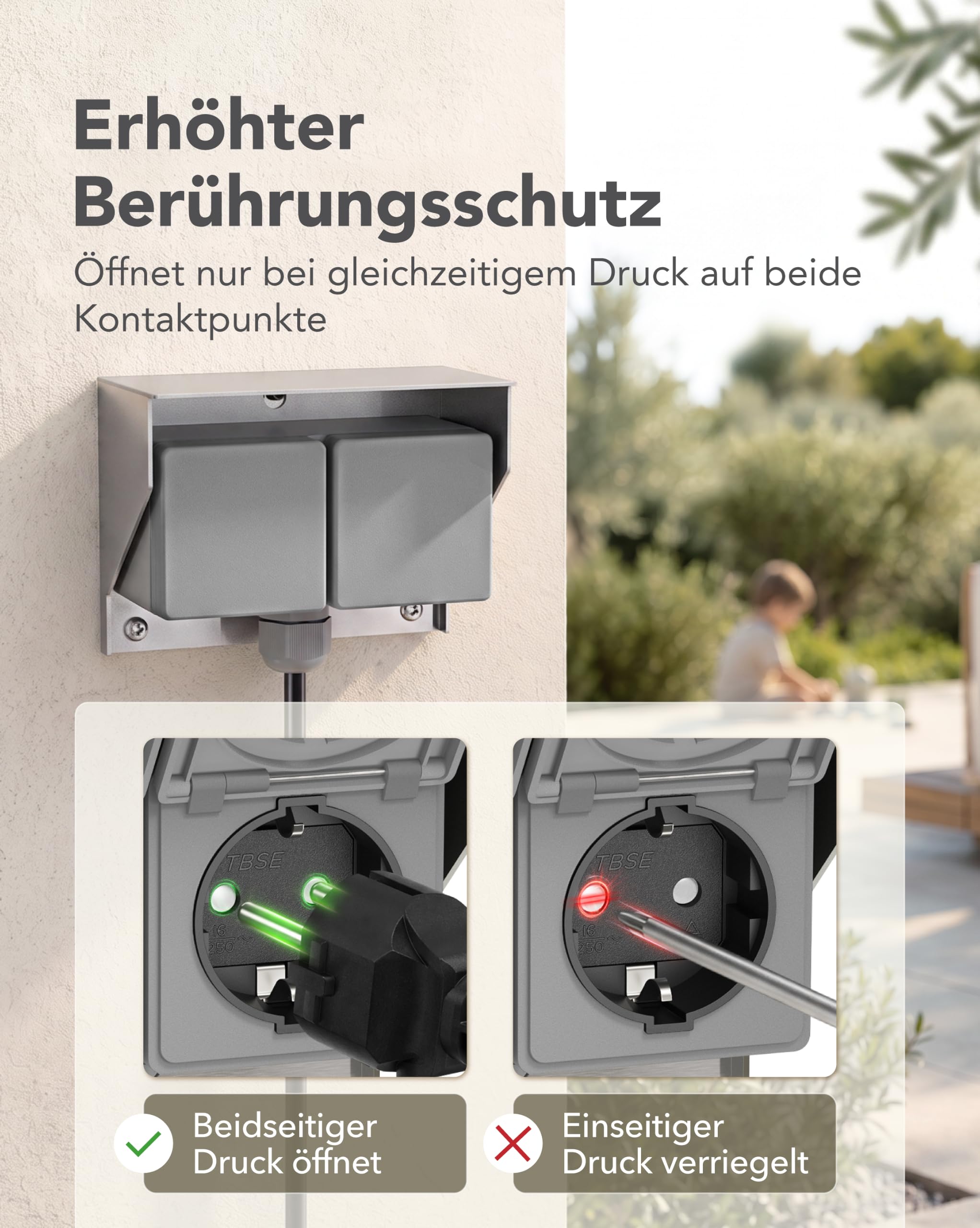 ledscom.de 2x Aufputz Steckdose PIWI für außen und 5m Kabel, IP44, 2-fach, edelstahl, waagerecht