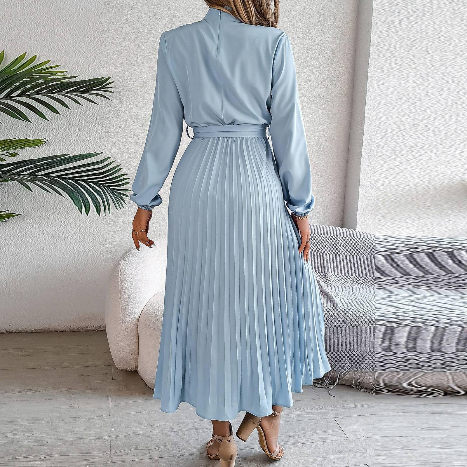 Kleid Damen Langarm Abendkleider Elegant Für Hochzeit Lang Frühlingskleid Plissee Kleider Faltenkleid Mit Gürtel Maxikleid Frauen A Linie Casual Freizeitkleid Stehkragen Herbstkleid Puffärmel