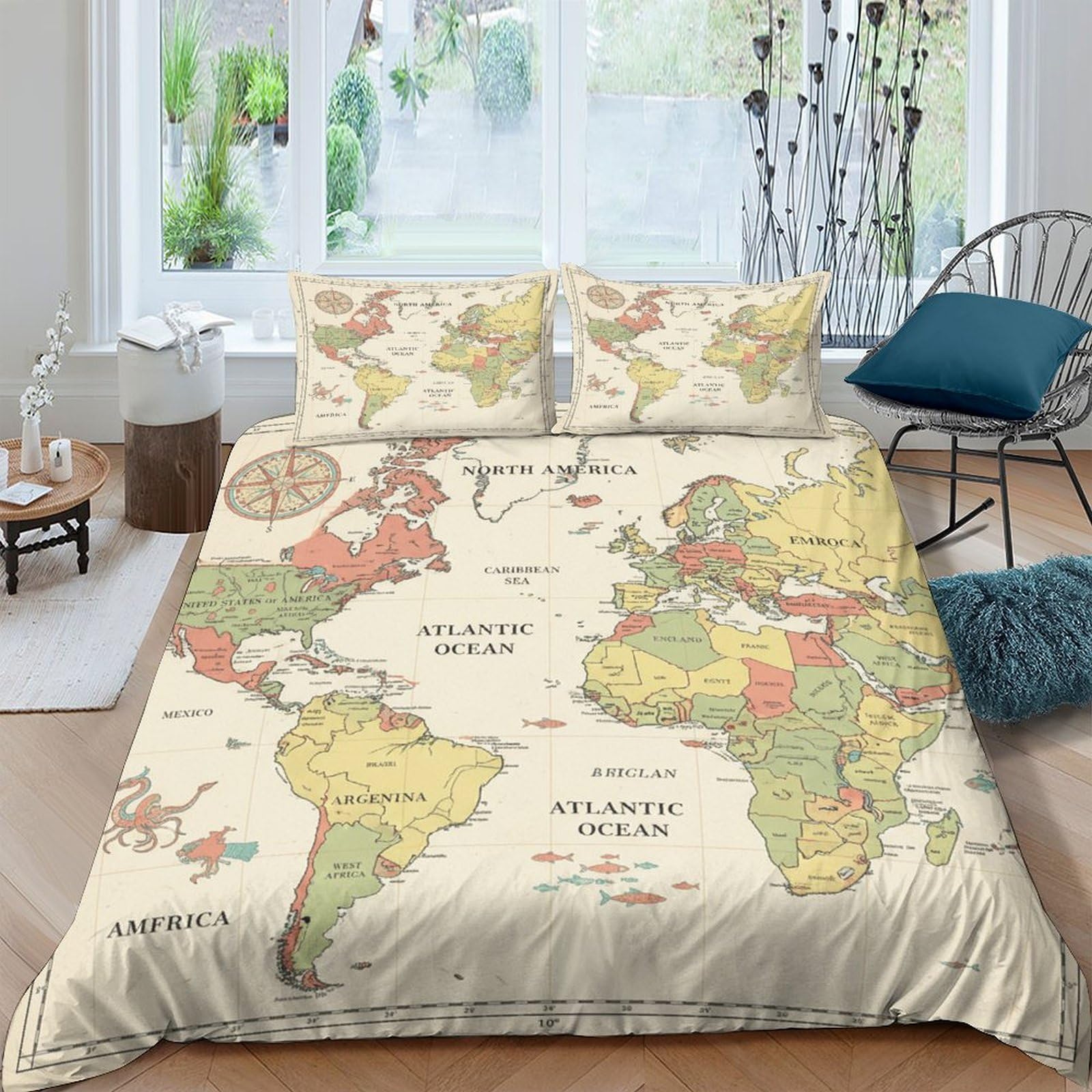 GPLZQXKJNH 3D Printed Vintage World Map Duvet Cover Microfiber Soft Breathable Antique Globe Bedding Set with 2 Pillowcases for Bedroom Living Room Decor Single（135x200cm）