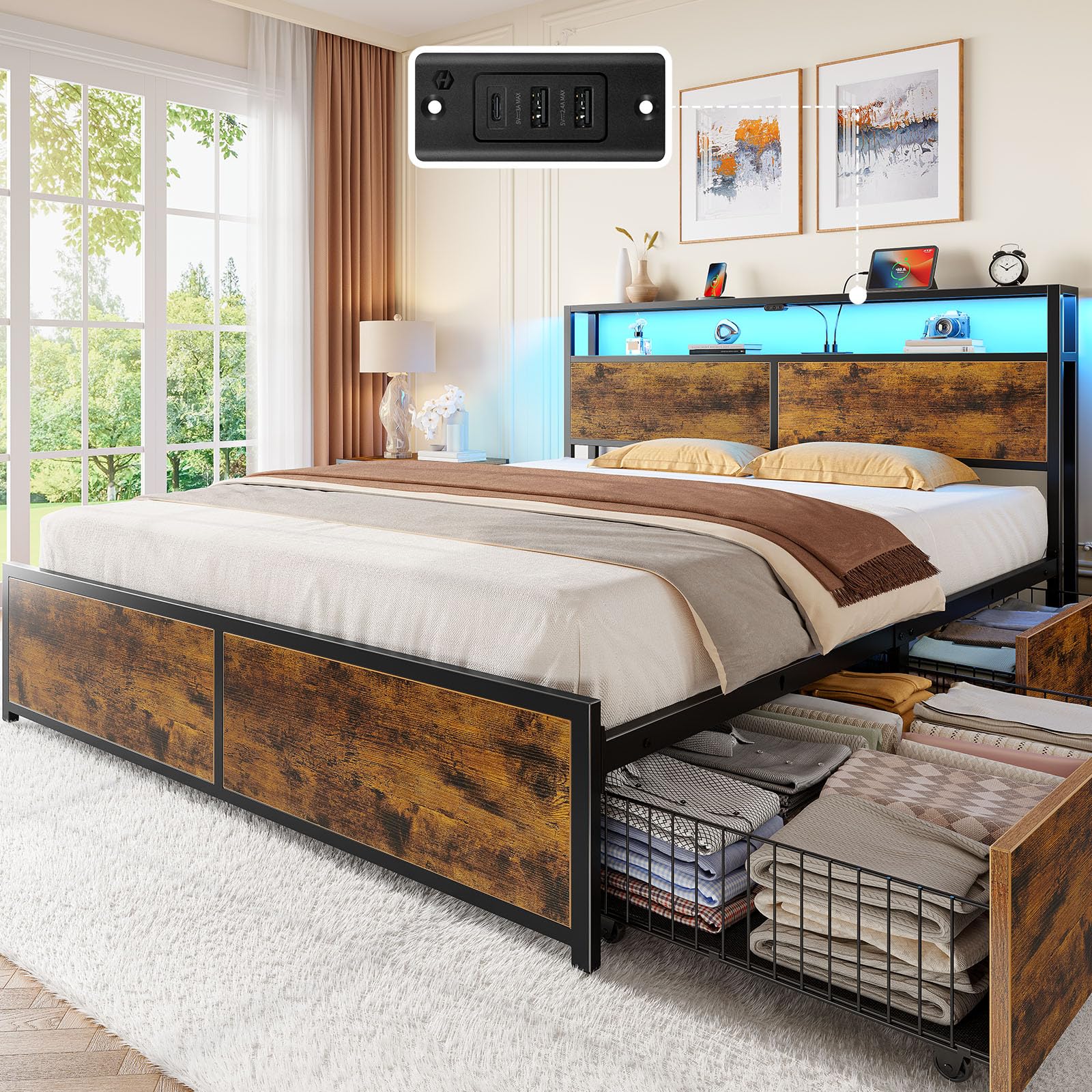 Rolanstar Full Size Bed Frame with 4 Storage Drawers, Charging Station and LED Lights, Metal Platform Bed with 2-Tier Storage Headboard, No Box Spring Needed, Easy Assembly, Noise-Free, Rustic Brown