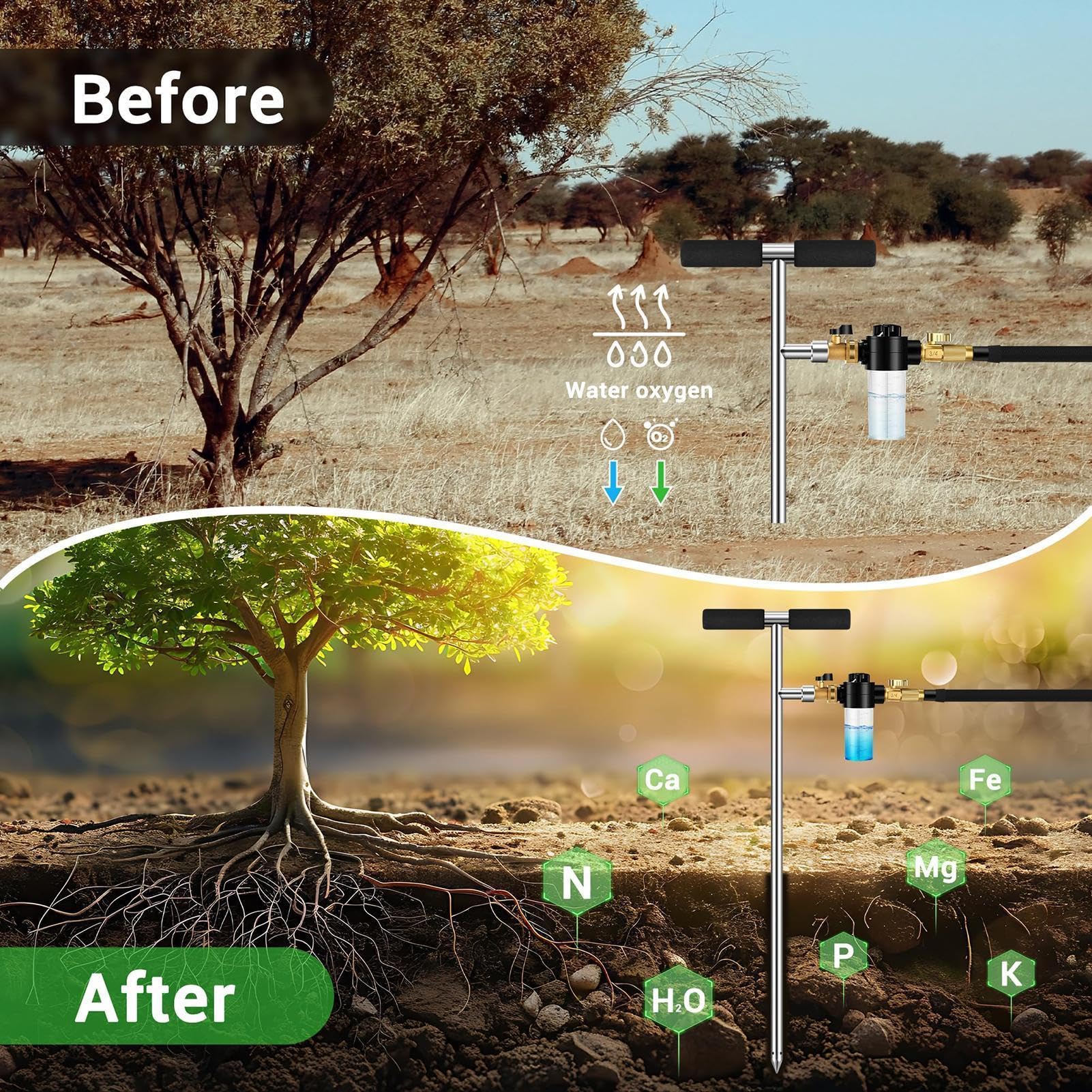 Herramienta Riego Radicular Profundo Mango T Acero Inoxidable Multiuso | De Riego Con Vara para Secuoyas, Arbustos, Tomates, Plantas en Maceta, , Jardín y Patio