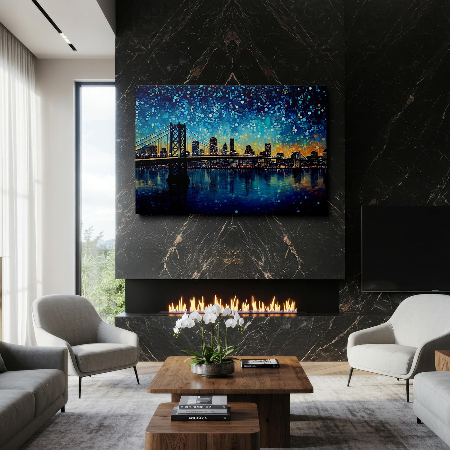 Canvas for Living room. Illuminated Dreamscape: A Nocturnal Symphony of City Lights and River Reflections, 27 x 18 inch Canvas Wall Art - Ready to Hang