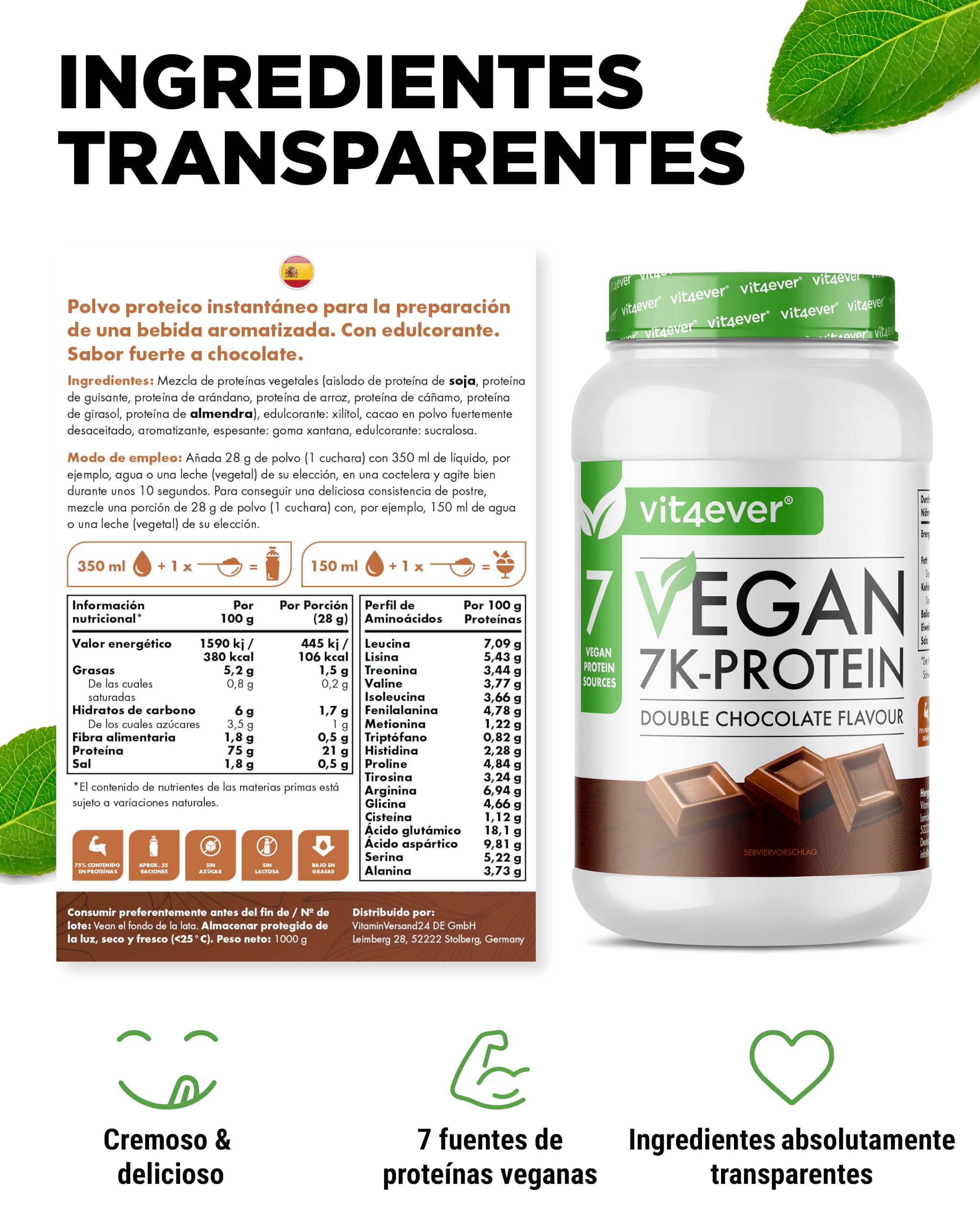 Vegan 7K Protein 1kg Doble Chocolate Proteína vegetal pura en polvo
