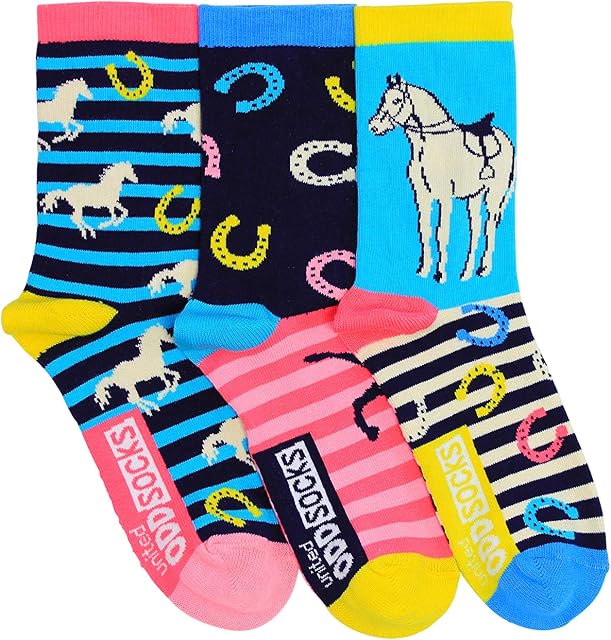 United Oddsocks - 3 Oddsocks For Girls - Horse - UK 12-5.5 EUR 30.5-38.5 US 13.5-8