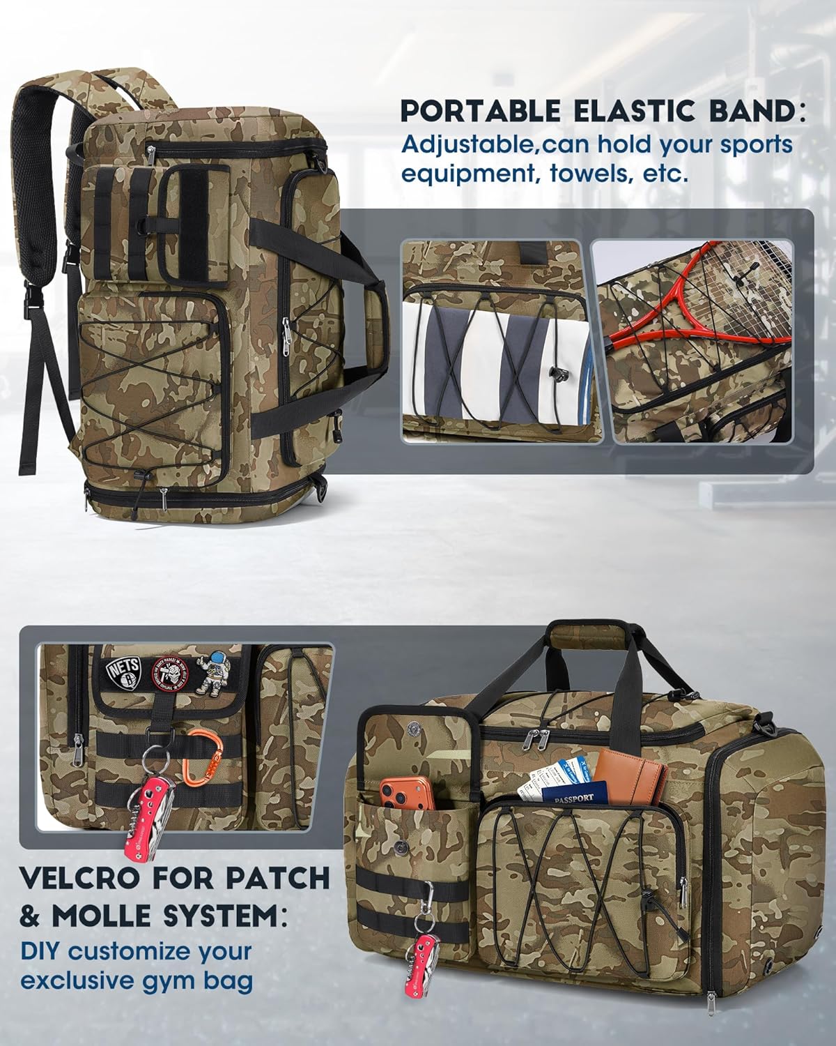 SDYSM Gym Bag for Men 45L Sports Duffel Bags 3-in-1 Travel Duffel Bag with Shoe Compartment, Gym Workout Backpack Carry On Weekender Bag Overnight Bag for Travel, KhakiCamouf - Image 6