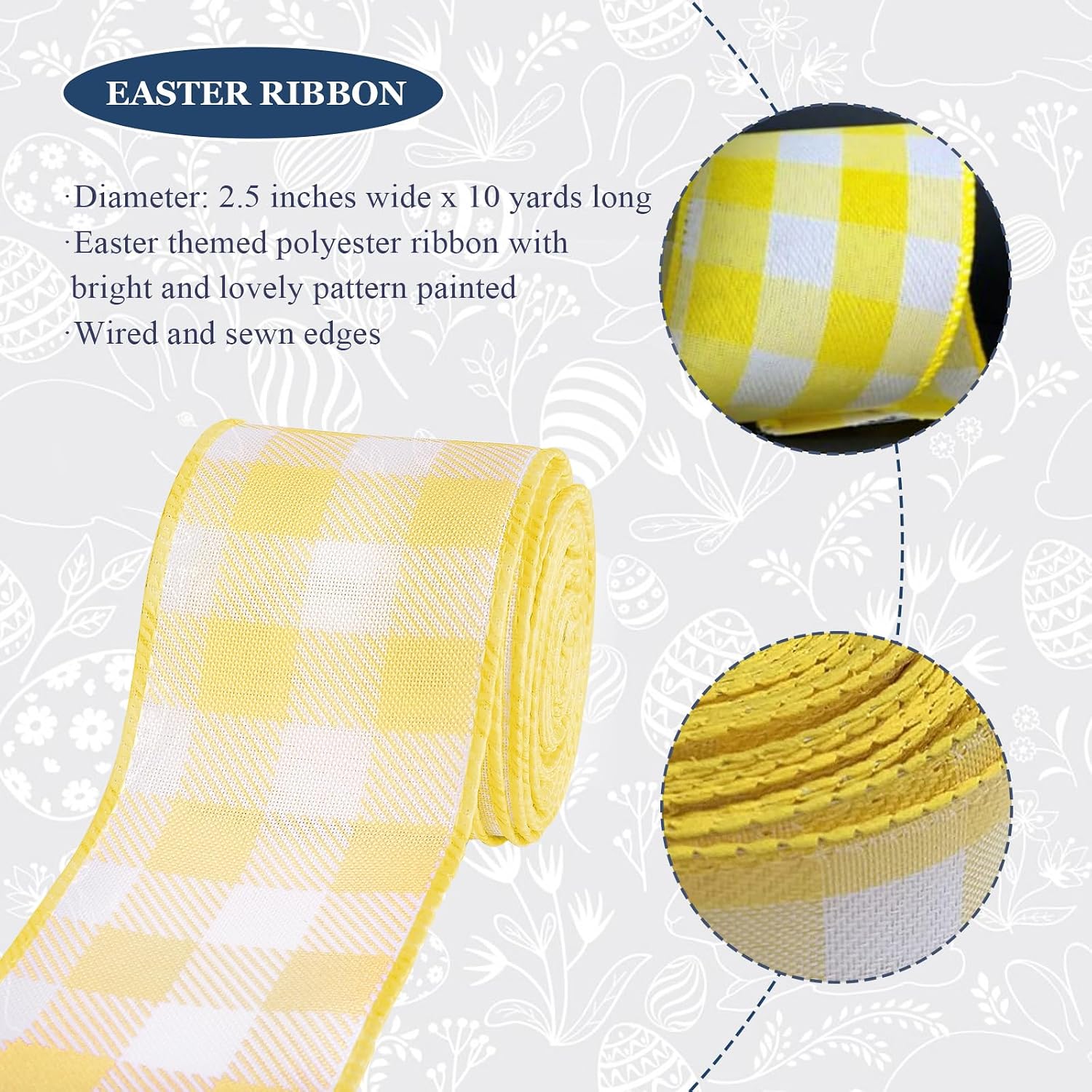 Spring Easter Ribbon Wired, Yellow Gingham Fabric Ribbon Pastel Plaid Checkered Ribbons for Bow Wreath Supplies Gifts Wrapping DIY Craft Easter Basket Party Decor Baby Shower Birthday, 2.5" x 10 Yards image 2