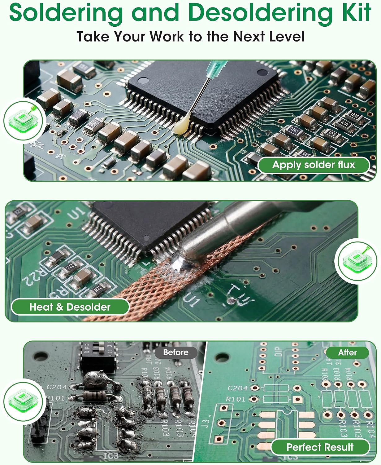 Kaisiking Solder Flux Solder Wick for Electronics Soldering, No Clean Soldering Flux for PCB, SMD & DIY Projects, 0.1" Braided Copper Desoldering Wick & 10cc Flux Paste