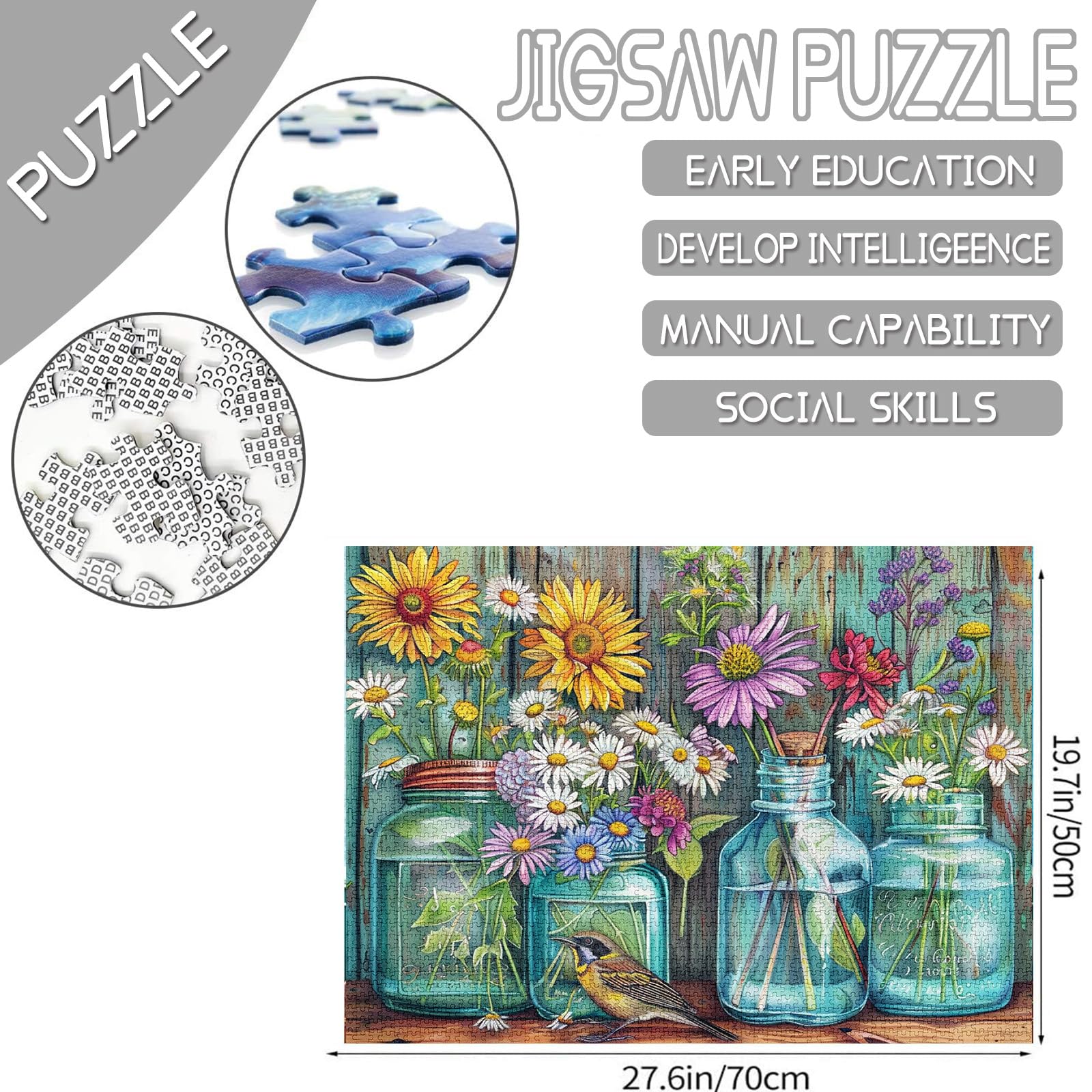 Tucocoo 1000 Piece Puzzle for Adults Wildflowers and Daisies Puzzle Bird Rustic Mason Jars 1000 Pieces Puzzles for Sophisticated Family Activity Game Flower Art Wall Decoration DIY - Image 3