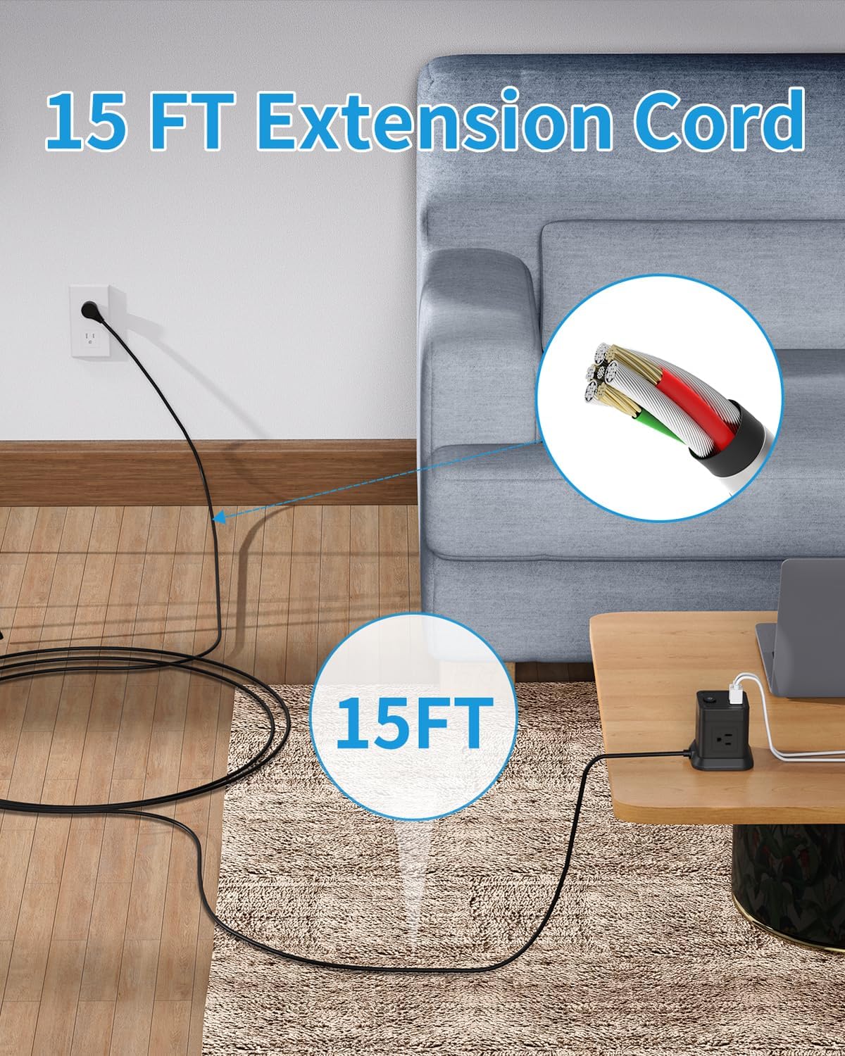 FDTEK 15 FT Extension Cord Power Strip USB C, 4 Outlets 3 USB Ports Black image 3