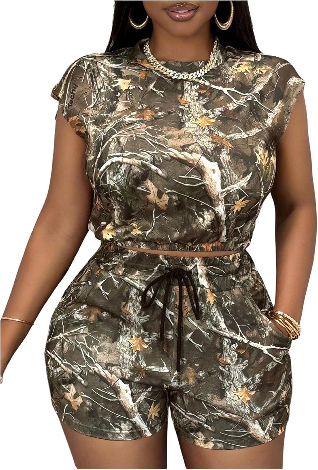 SweatyRocks Women's Plus Size Two Piece Set Cap Sleeve Camo Crop Top and Drawstring Shorts Tracksuits