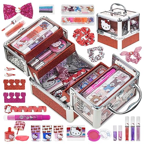 Miniatura 2 de Estuche de Maquillaje Cosmético Hello Kitty Train Case Incluye Brillo de Labios, Sombra de Ojos, Esmalte de Uñas, Accesorios para el Cabello y Más!