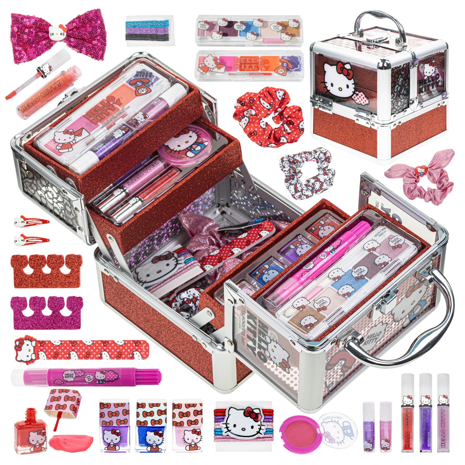 Hello Kitty Train Case Cosmetic Makeup Set Includes Lip Gloss, Eye Shimmer, Nail Polish, Hair Accessories & More! For Girls, Ages 6+ Perfect for Parties & Makeovers by Townley Girl