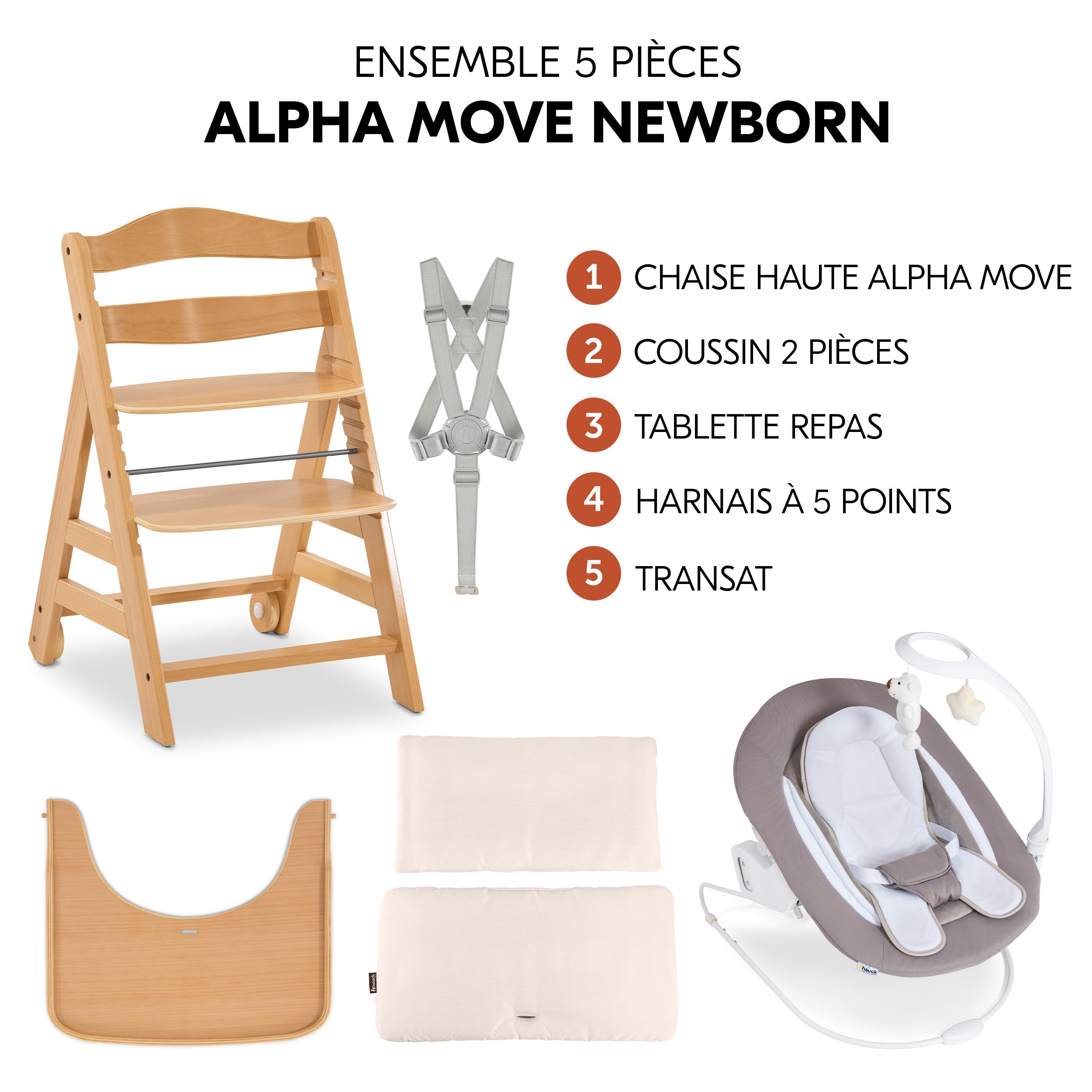 hauck Chaise Haute Bébé en Bois Alpha Move Newborn Set Deluxe - Inclus Accessoire Nouveau-né, Coussin d'Assise et Tablette Repas - Utilisable dès la Naissance, Réglable en Hauteur - Naturel Sable