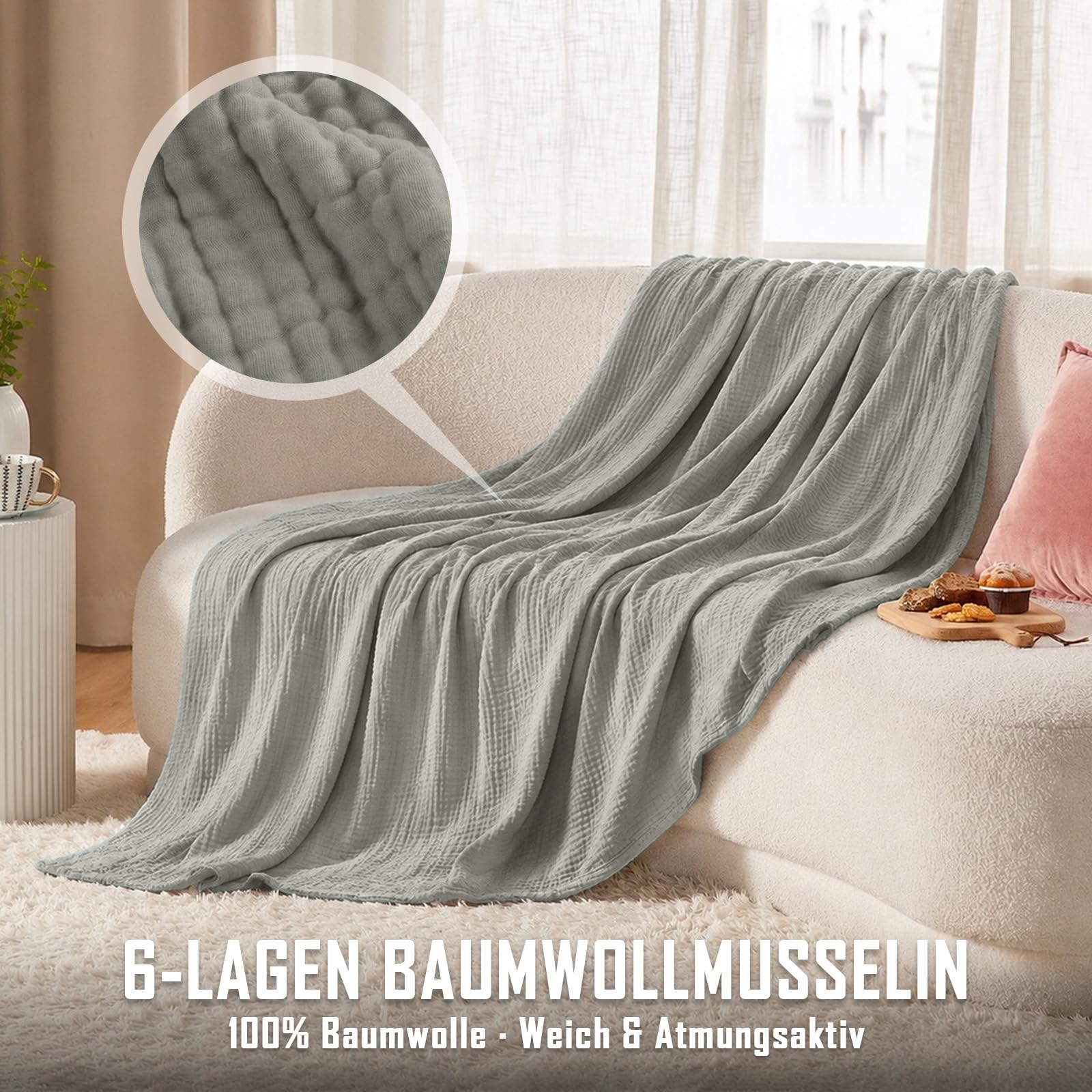 Coperta in Mussola 150x200cm,100% cotone Mussola per Adulti,6 Strati Coperta Estiva in mussola,per Letto e Divano, Coperta per Tutto l'anno (Grigio)