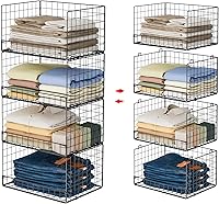 4-Tier Stackable Closet Organizers Storage Shelves - Foldable Wide Basket Bins for Clothes Sweaters, Black Patent Pending