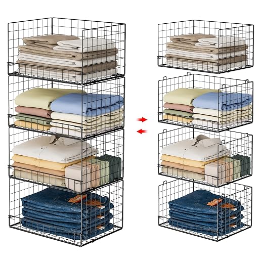 4-Tier Stackable Closet Organizers and Storage Shelves, Closet Shelf Organizer Basket Bins, Foldable Sweater Storage for Closet Organizer System, Black