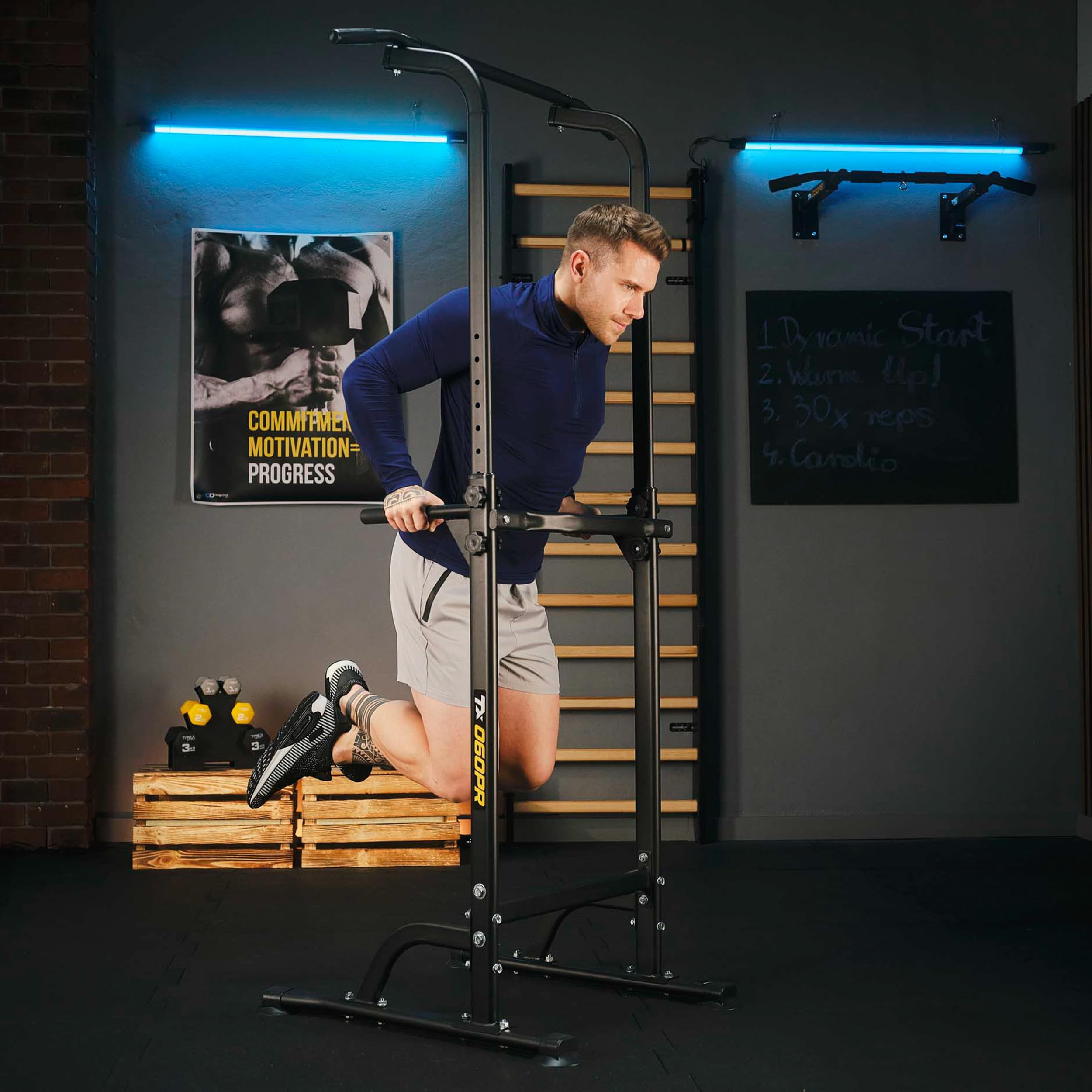 TREX SPORT Power Tower Dip Station bis 150kg 10-stufig verstellbar TX-060PR | Klimmzugstange freistehend, Multifunktionaler Kraftturm, Saugfuß-Füße, Rutschfeste Griffe, Liegestütze, Dips