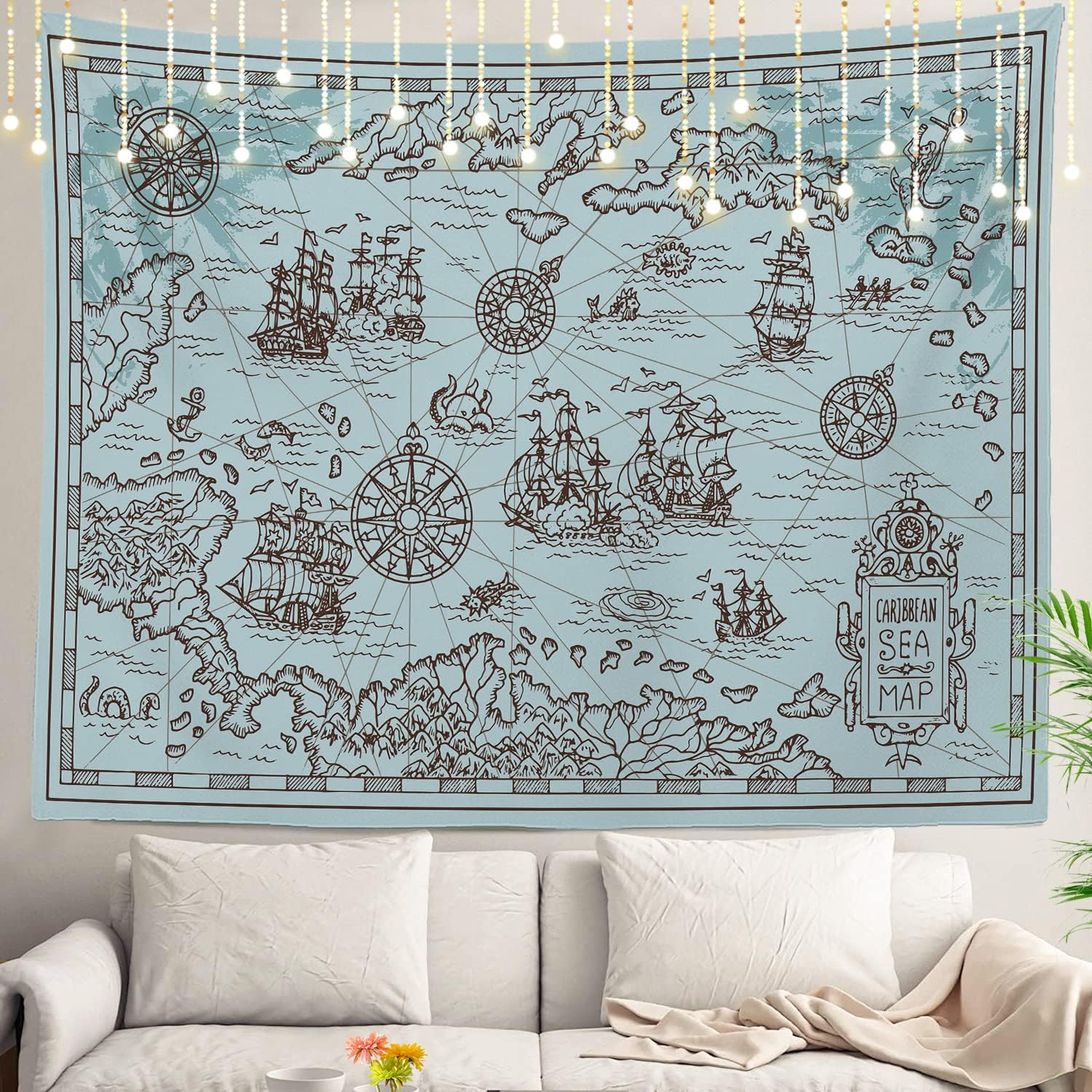 Shrahala Map Tapestry, Pirate Treasure Map Sailing Ship Drawing Wall Hanging Large Tapestry Psychedelic Tapestry Decorations Bedroom Living Room Dorm(59.1 x 82.7 Inches, Silver)