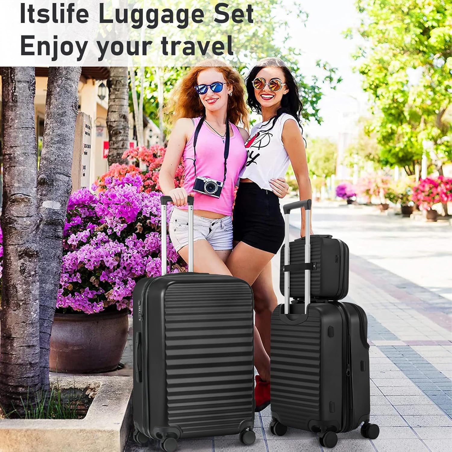 Itslife Luggage Sets 4 Piece Luggage Suitcases with Wheels, ABS shell with TSA Lock Spinner Wheels Carry On Luggage Set (20/24/28 inch, Black)
