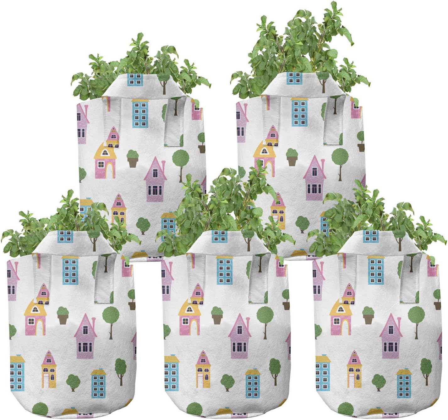 Ambesonne Cartoon Grow Bags 5-Pack, Houses in Old Architecture, Heavyduty Fabric Pots with Handles for Plants, 7 Gallon, Multicolor