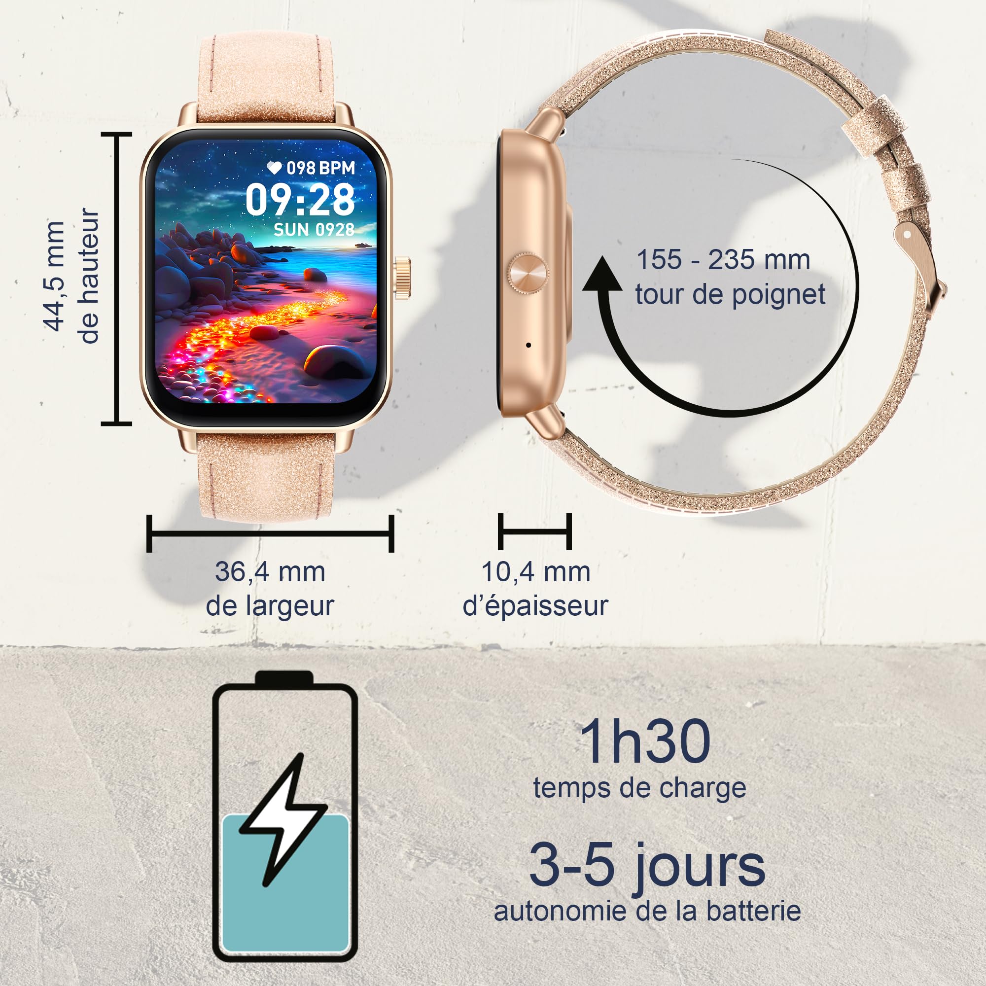 Digitec Montre connectée Square Rose-dorée, avec Bracelet doré-Rose pailleté en Cuir, Femme, Suivi activité et Sommeil
