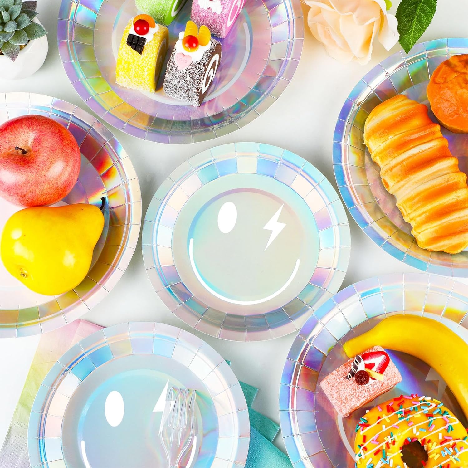 96Pcs Iridescent Party Supplies Smile Face Paper Plates Napkins Holographic Foil Laser Party Tableware Set Holographic Dinnerware for Birthday Baby Shower Decoration Serve 24 - Image 7